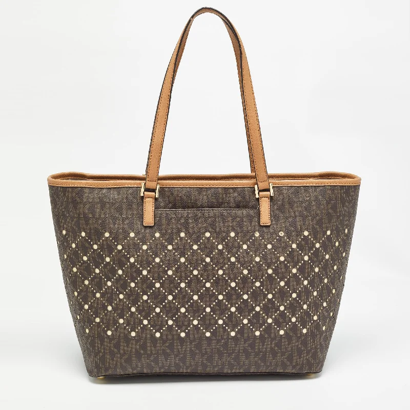 Michael Kors Brown Signature Coated Canvas And Leather Jet Set Violet Tote