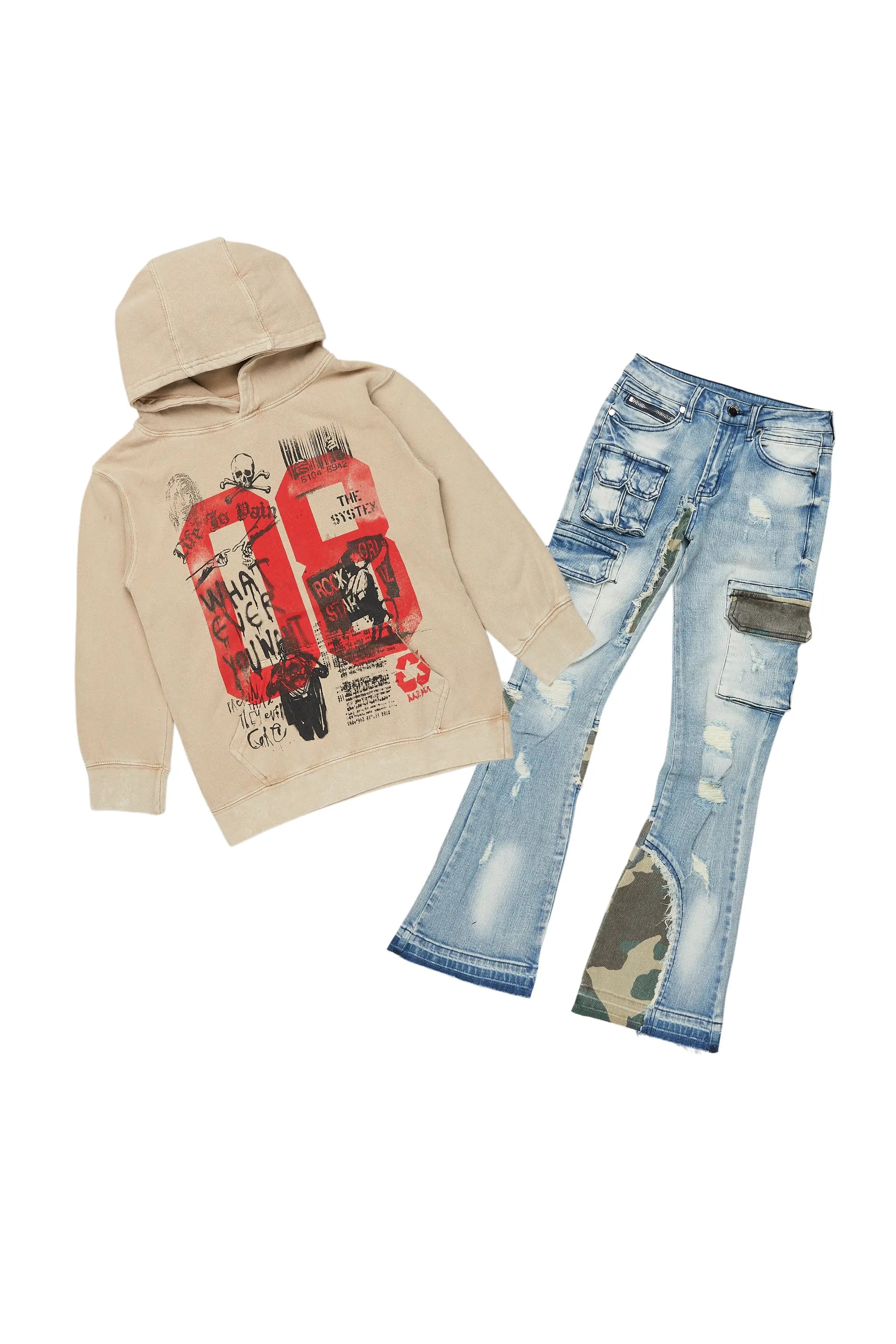 Boys Beau Vintage Beige Hoodie/Stacked Flare Jean Set