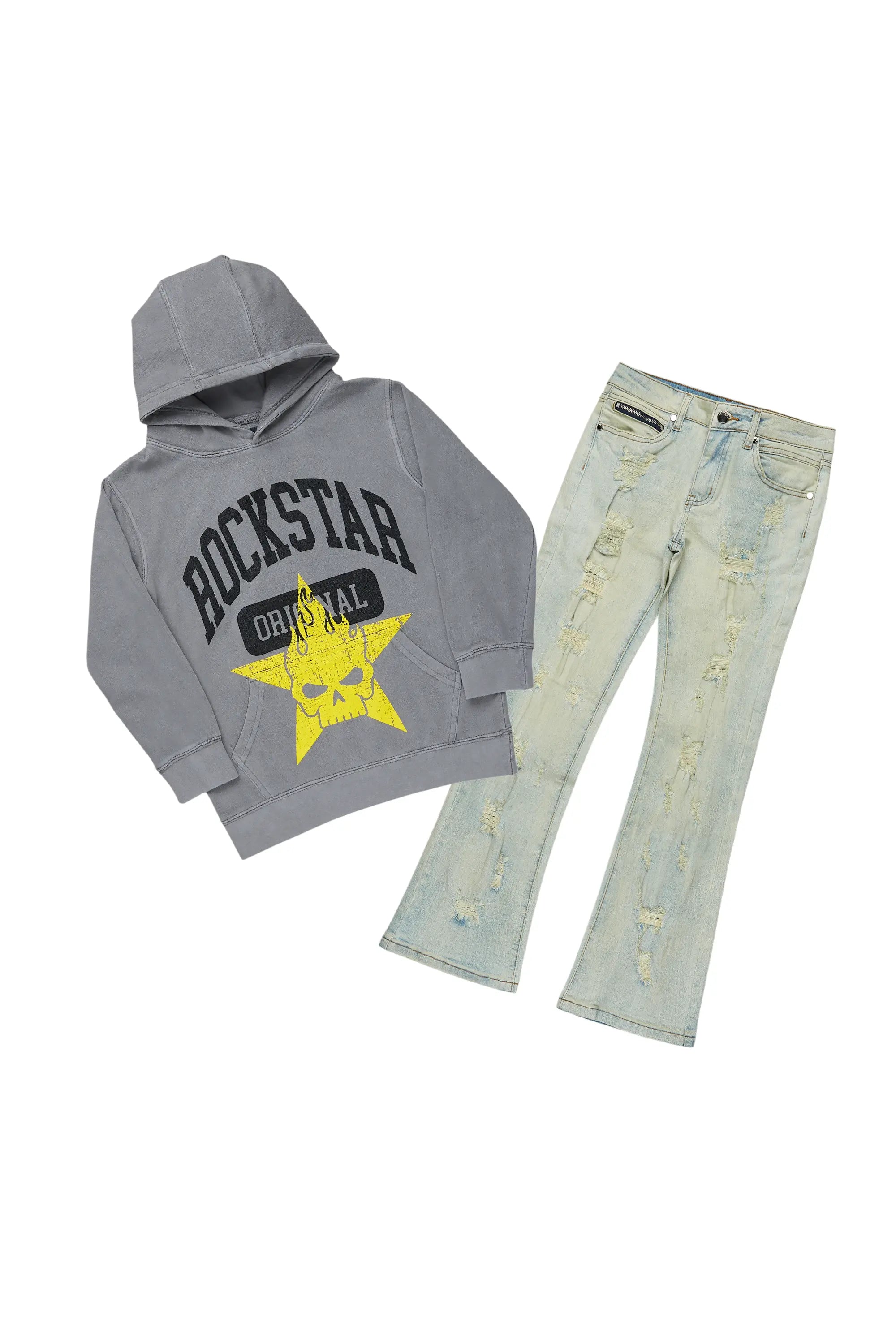 Boys Jiles Vintage Grey/Blue Hoodie/Stacked Flare Jean Set