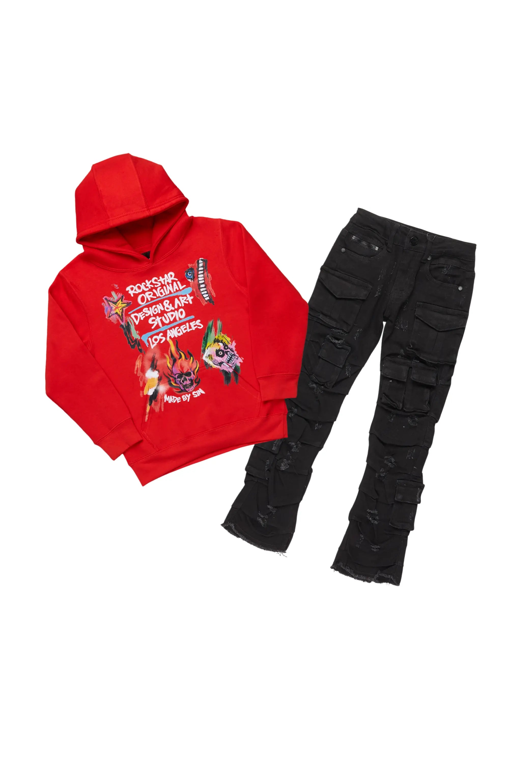 Boys Soweto Red/Black Hoodie/Stack Flare Jean Set