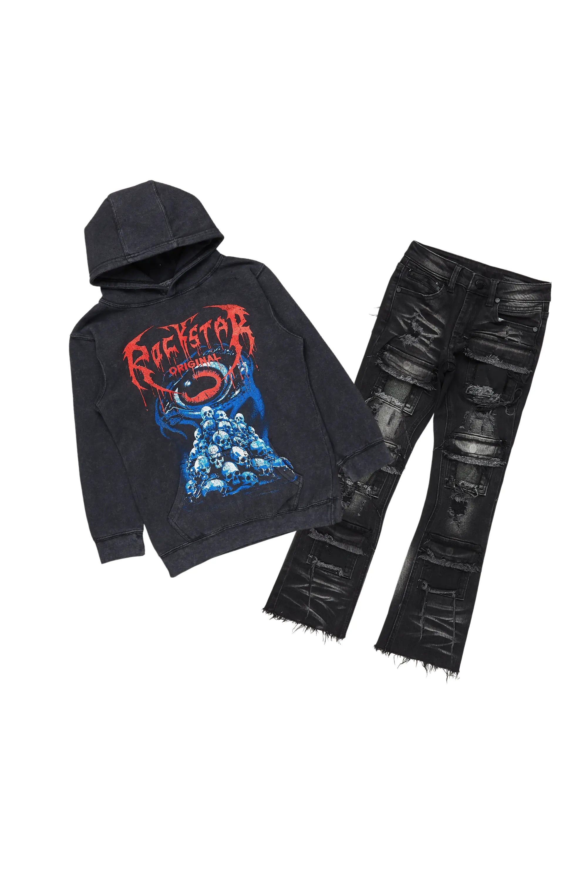 Boys Vicious Vintage Black Hoodie/Stacked Flare Jean Set