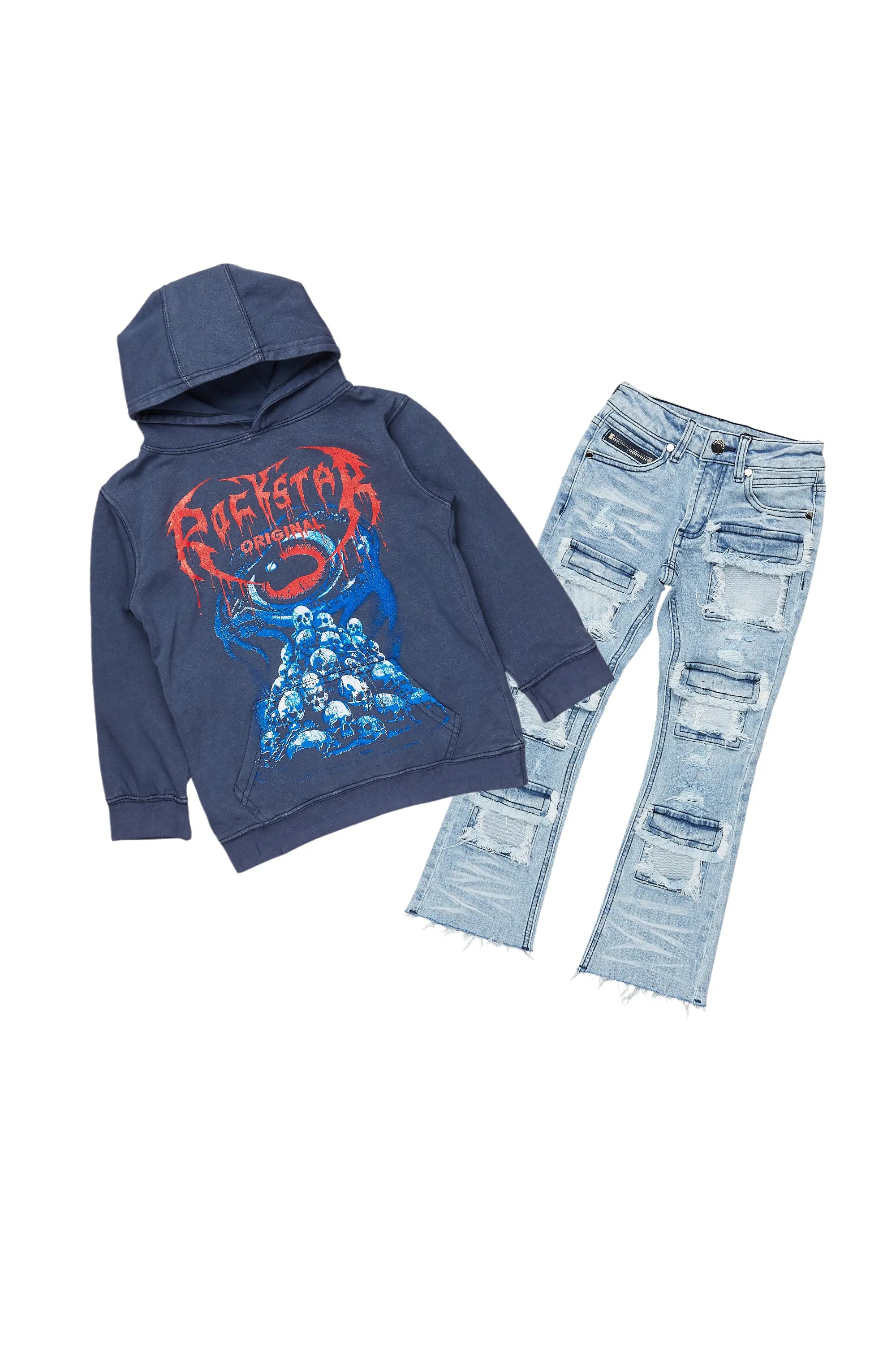 Boys Vicious Vintage Navy Hoodie/Stacked Flare Jean Set