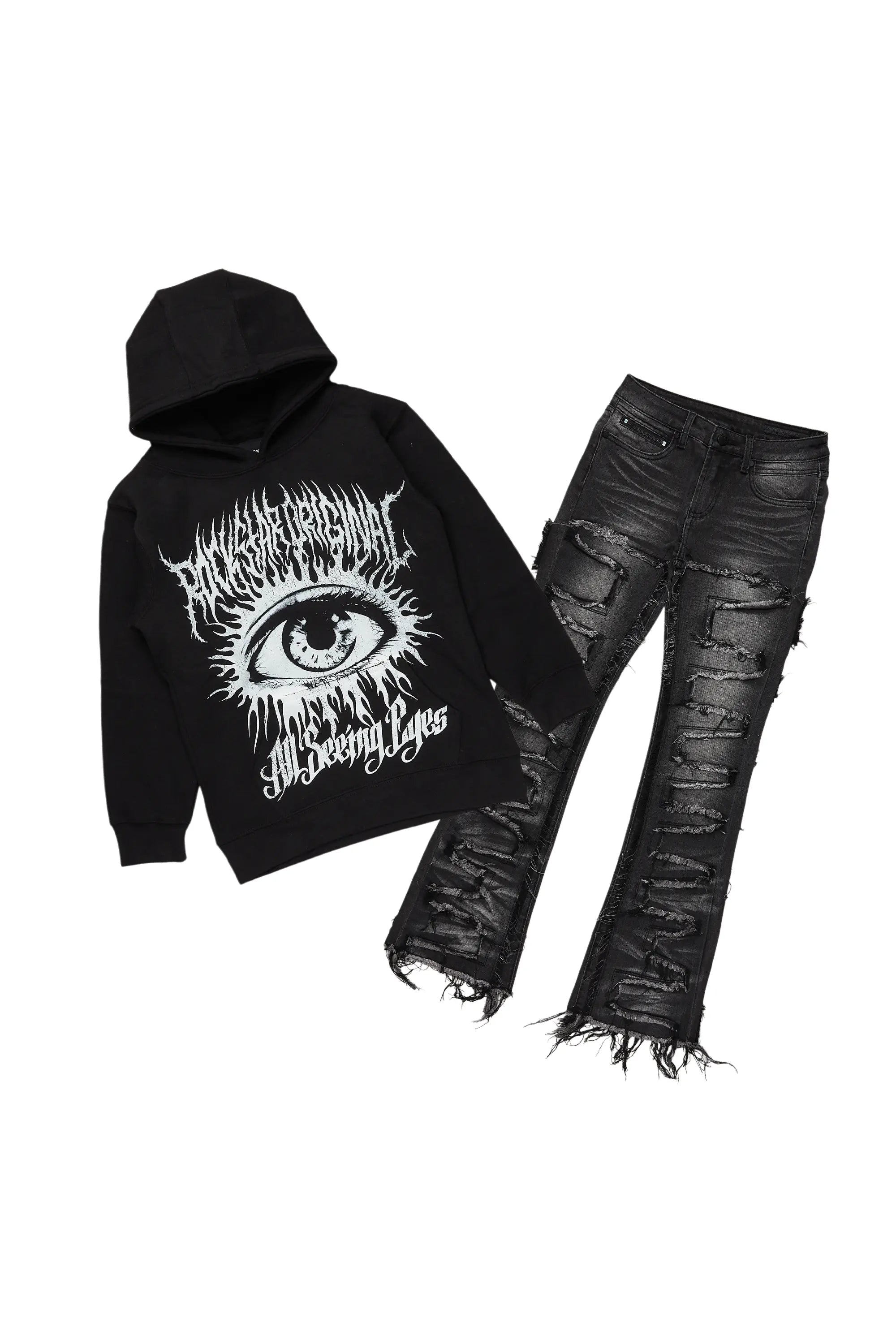 Boys All Eyes Black Hoodie/Stacked Flare Jean Set