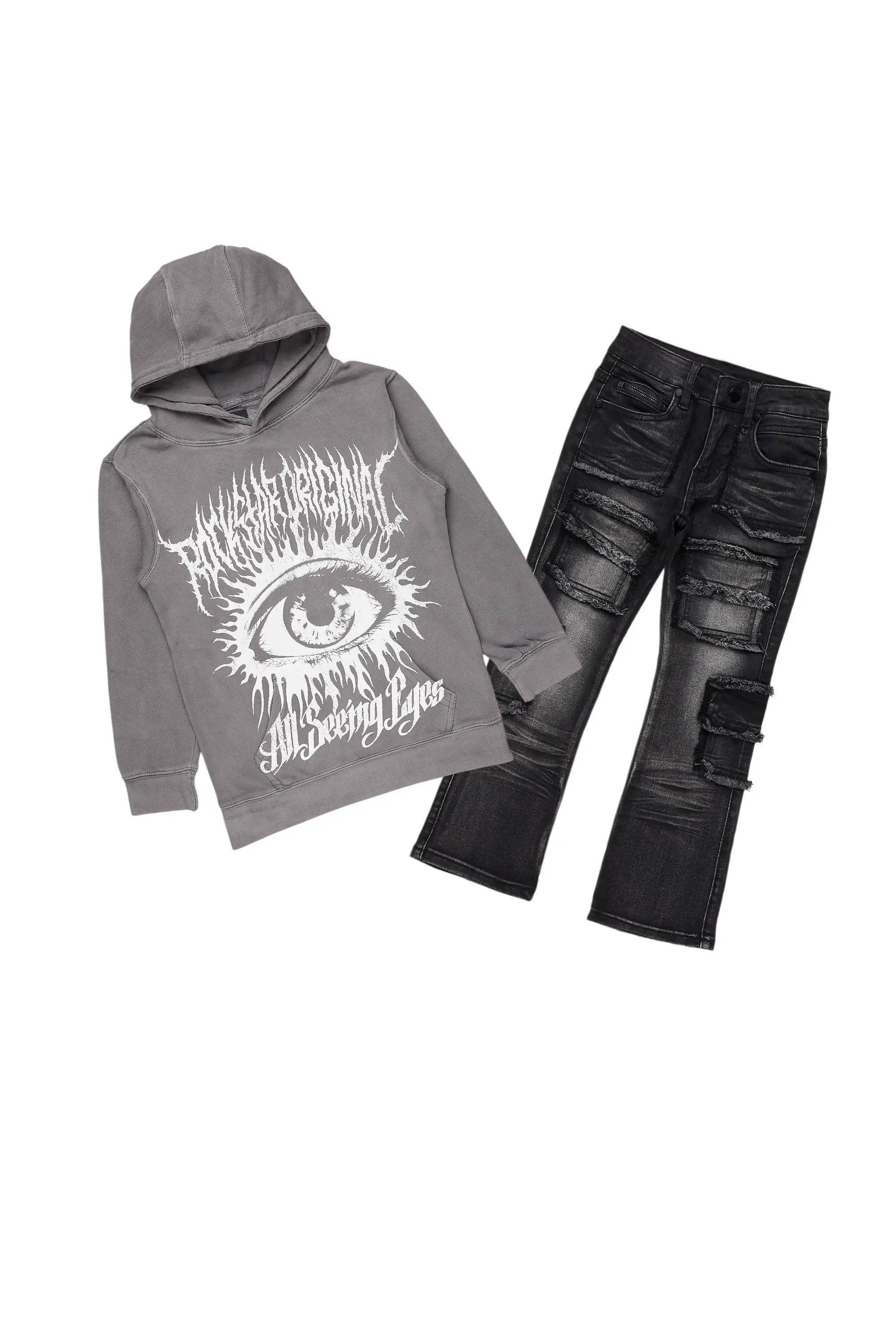 Boys All Eyes Vintage Grey Hoodie/Stacked Flare Jean Set