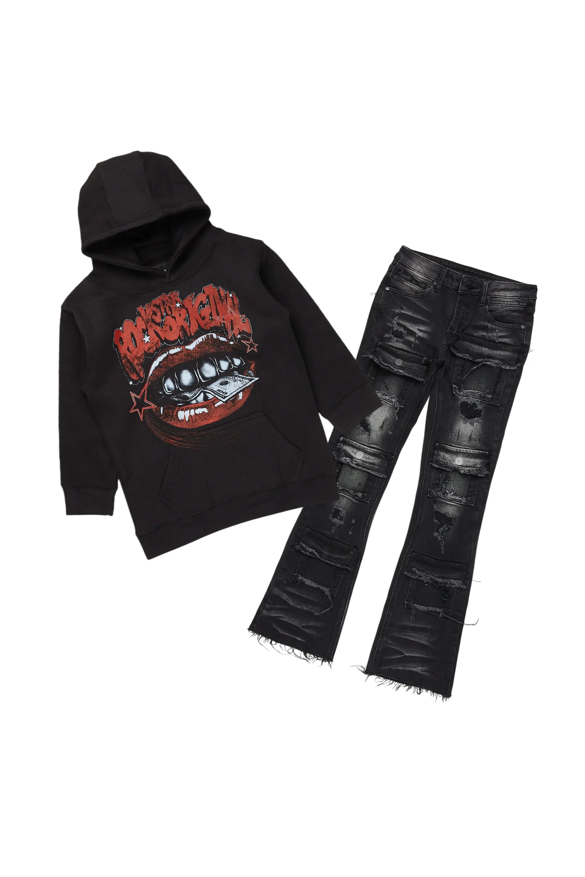 Boys Bloke Black Hoodie/Stacked Flare Jean Set