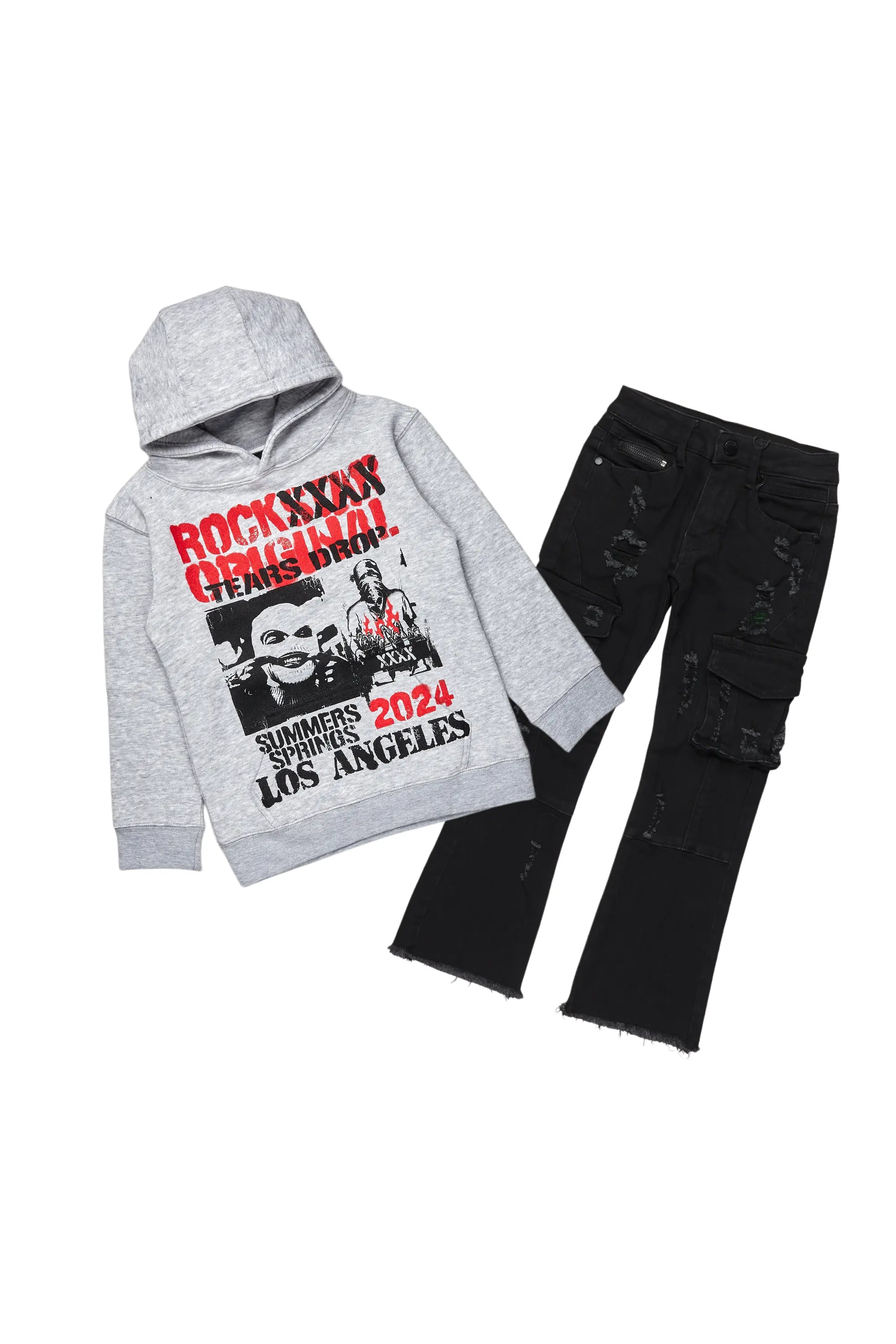 Boys Omer Grey Hoodie/Stack Flare Jean Set