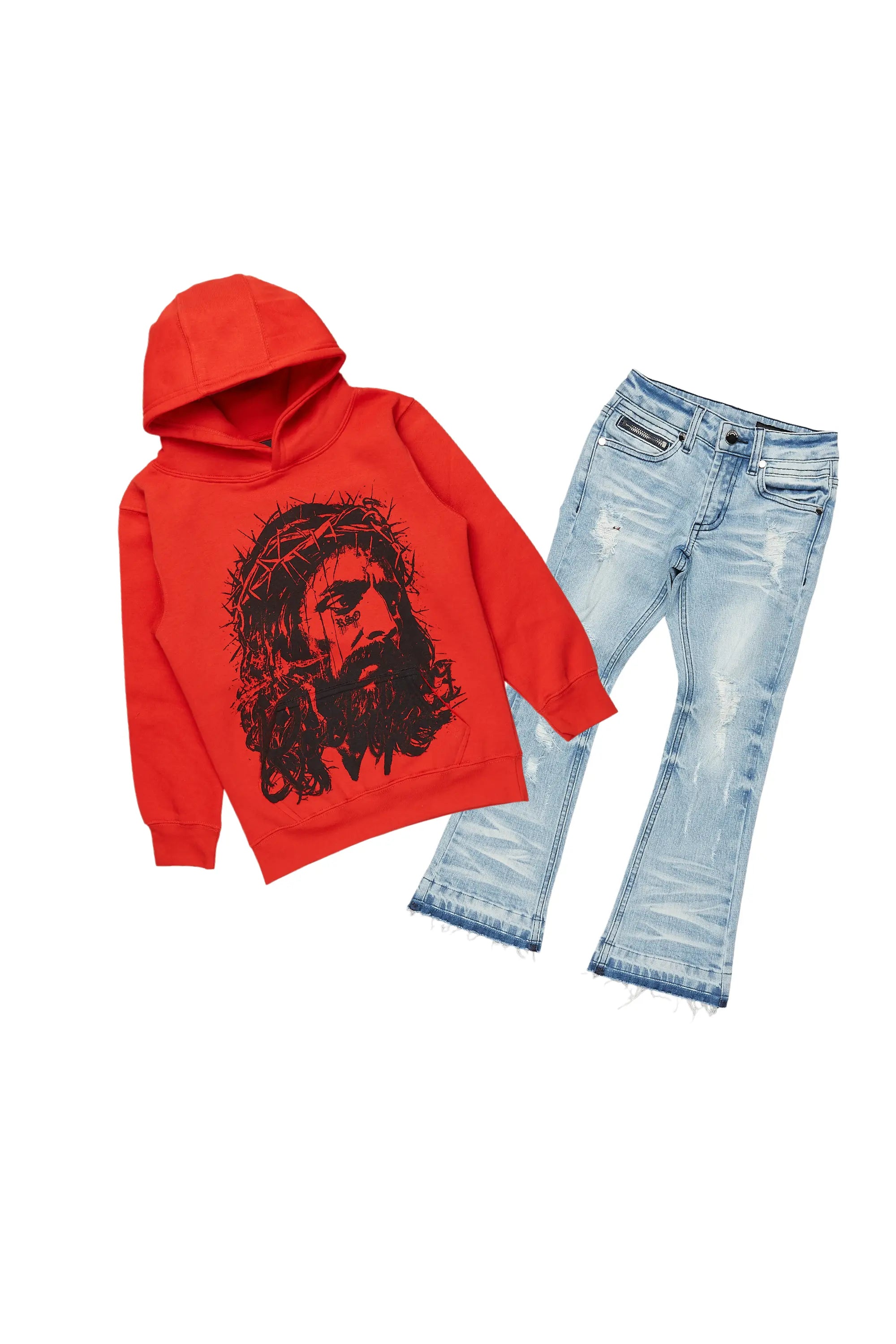 Boys Bedros Red/Blue Hoodie/Stack Flare Jean Set