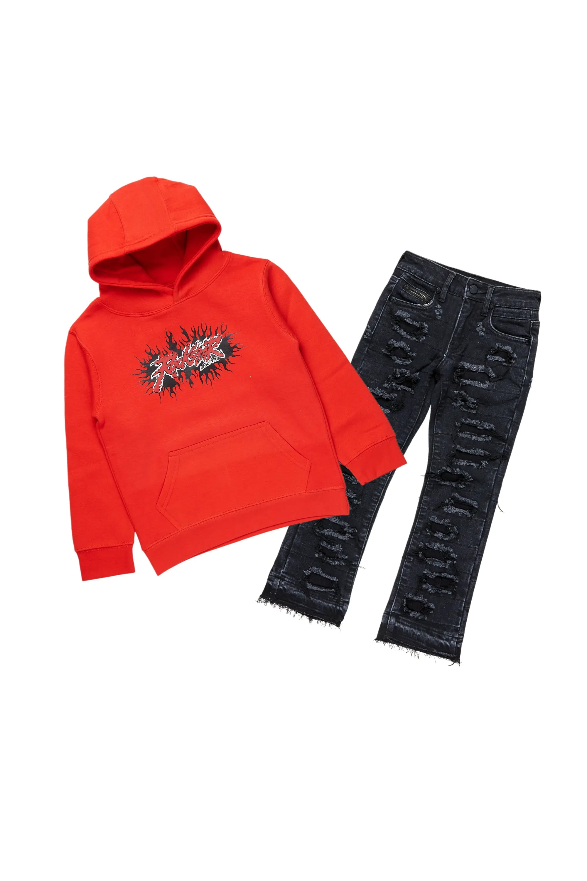 Boys Albus Red Hoodie/Stack Flare Jean Set