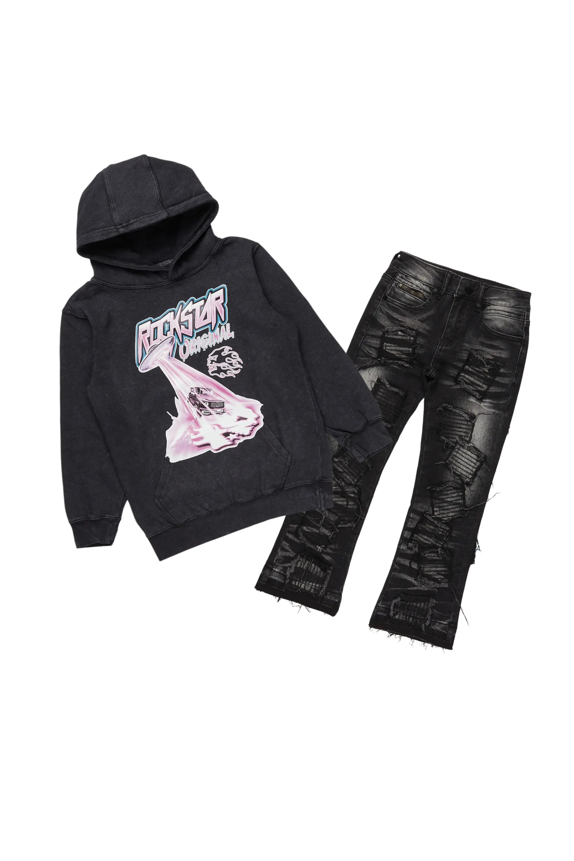 Boys Bede Vintage Black Hoodie/Stack Flare Jean Set