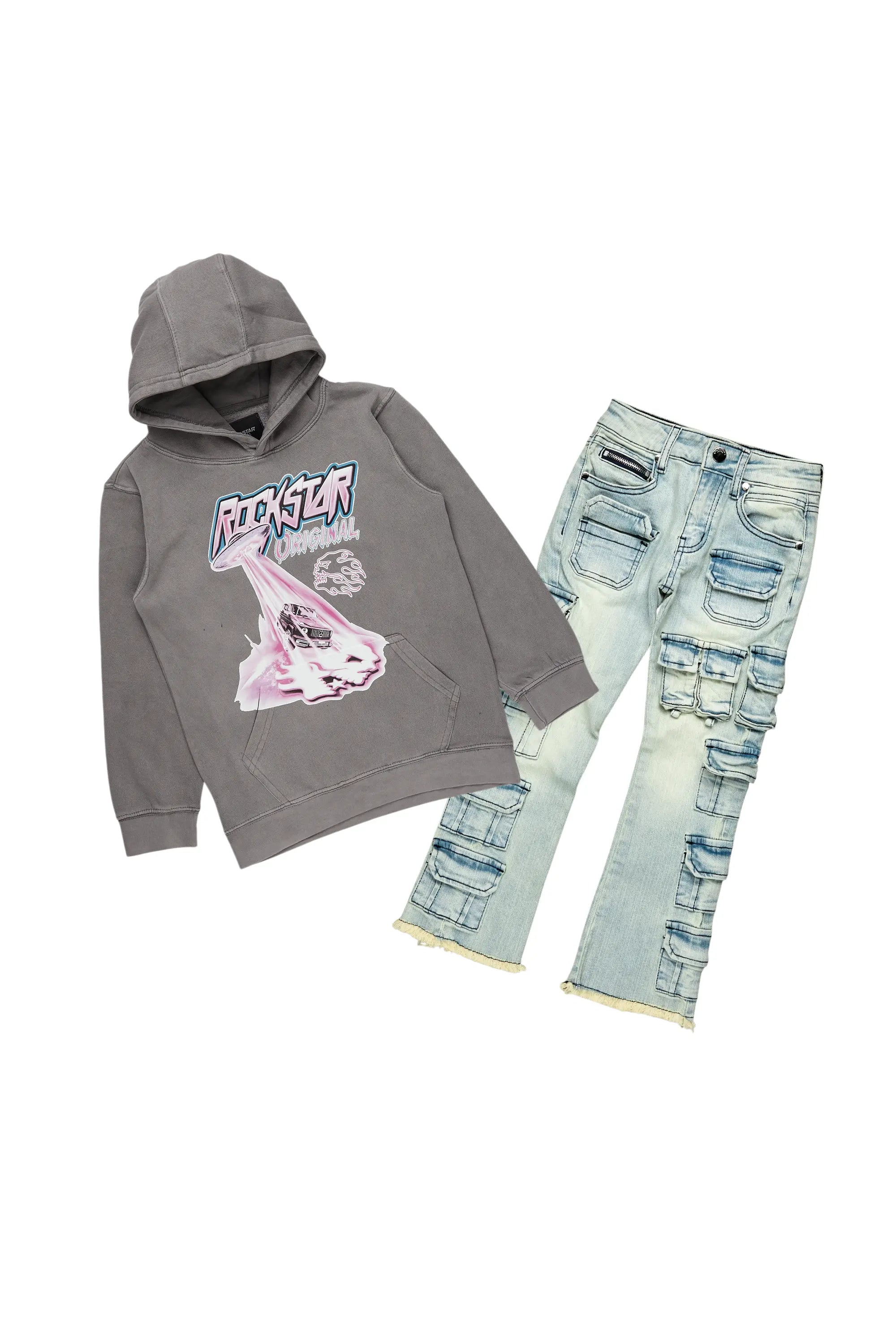 Boys Karmi Vintage Grey Hoodie/Stack Flare Jean Set