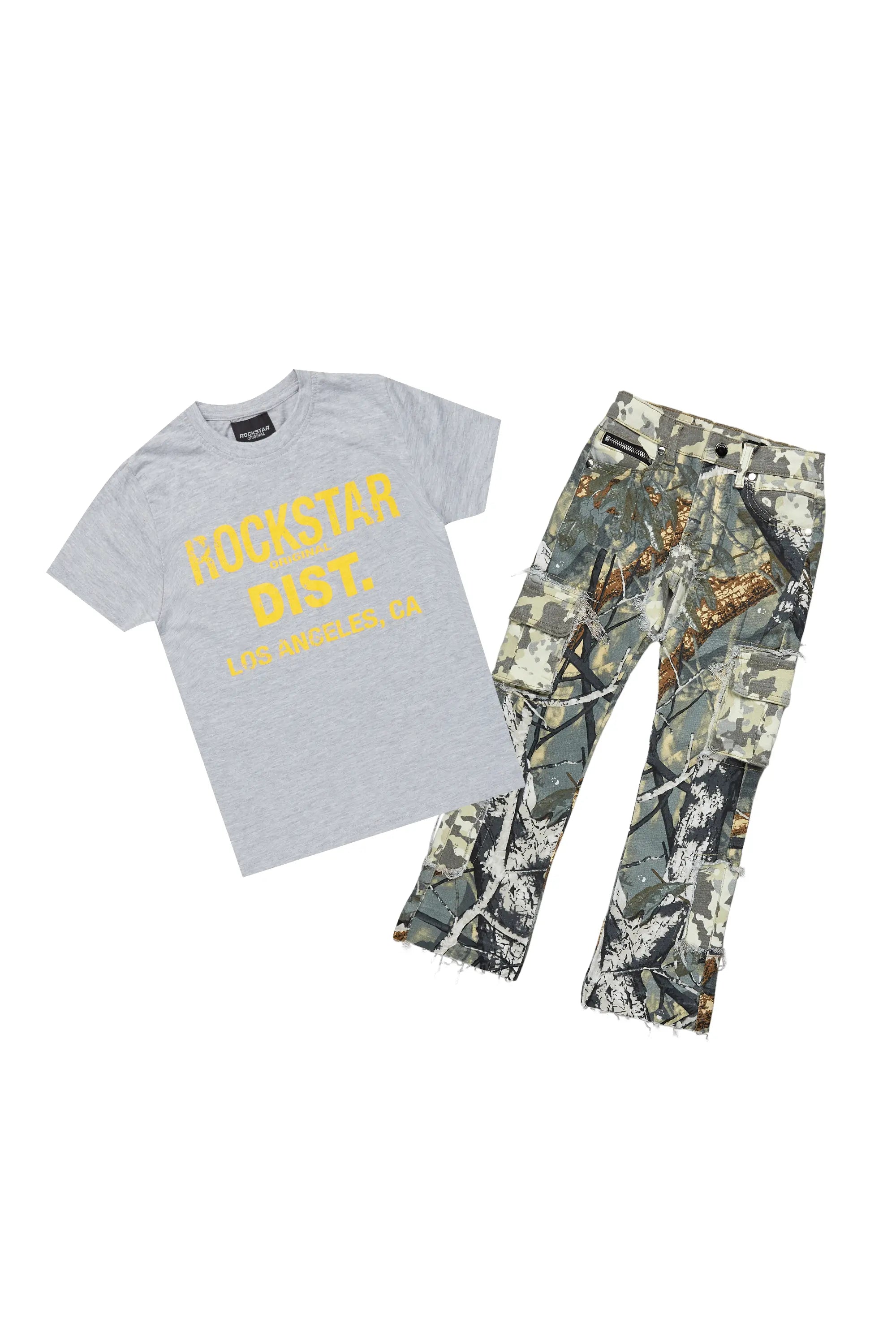 Boys Koen Grey/Tree Camo T-Shirt/Stacked Flare Jean Set