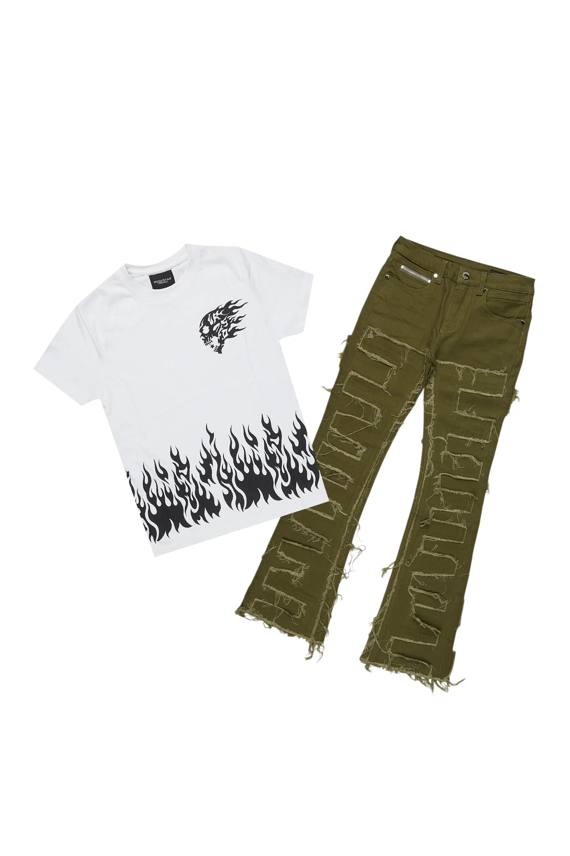 Boys Bubble Green/White T-Shirt/Stack Flare Jean Set