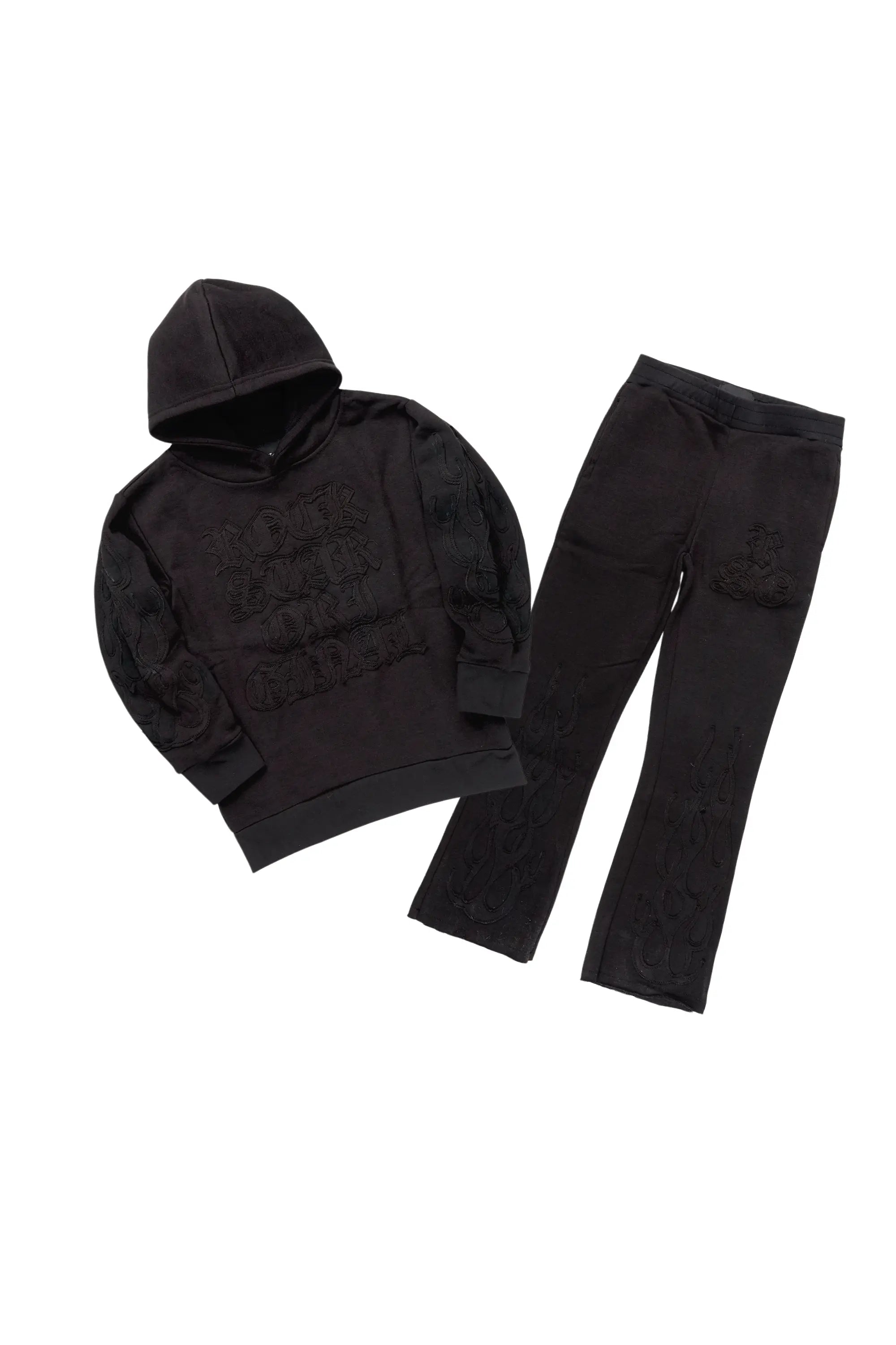 Boys Foresty Black Hoodie Stacked Flare Track Set