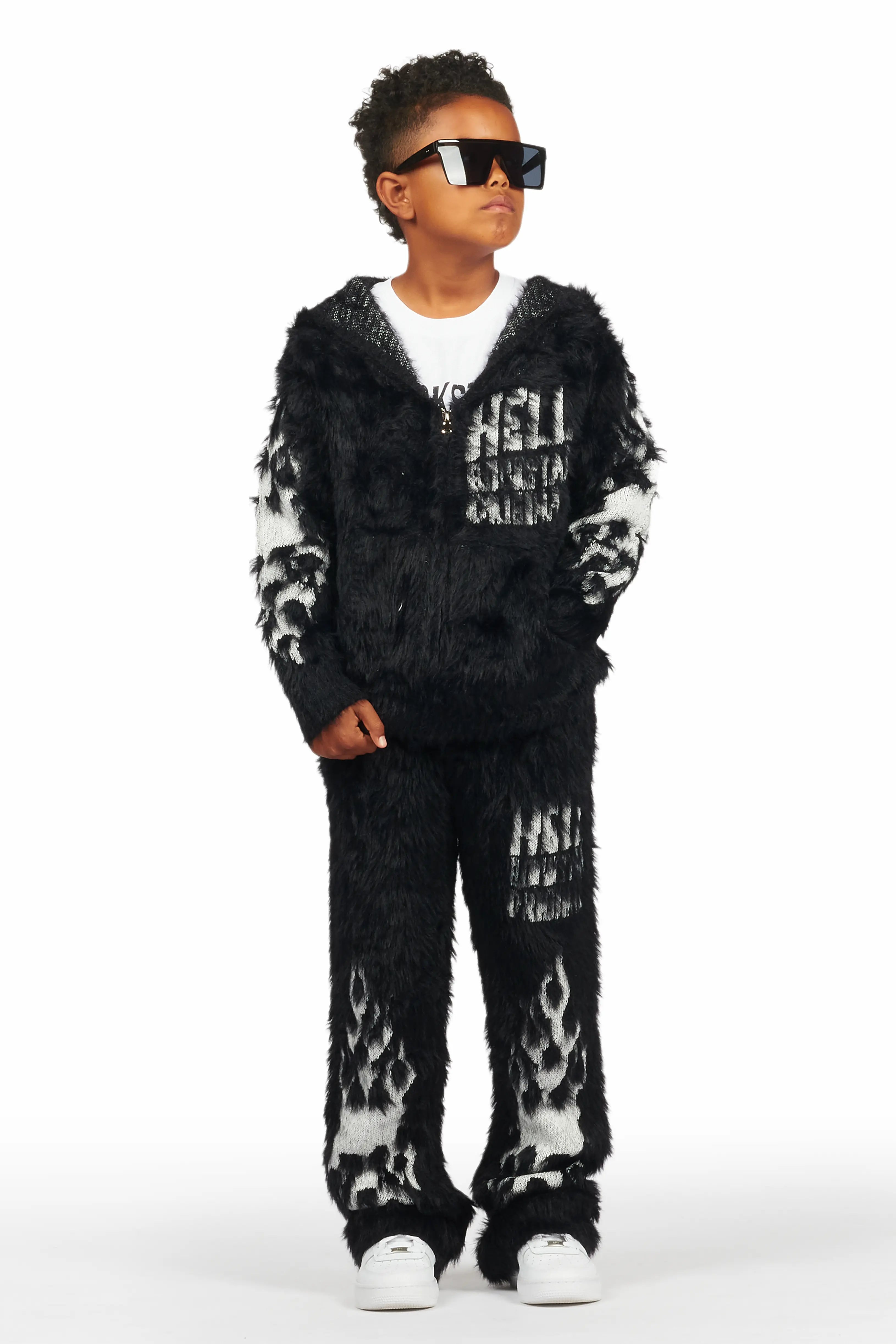 Boys Toshio Black Stacked Flare Knitted Mohair Track Set