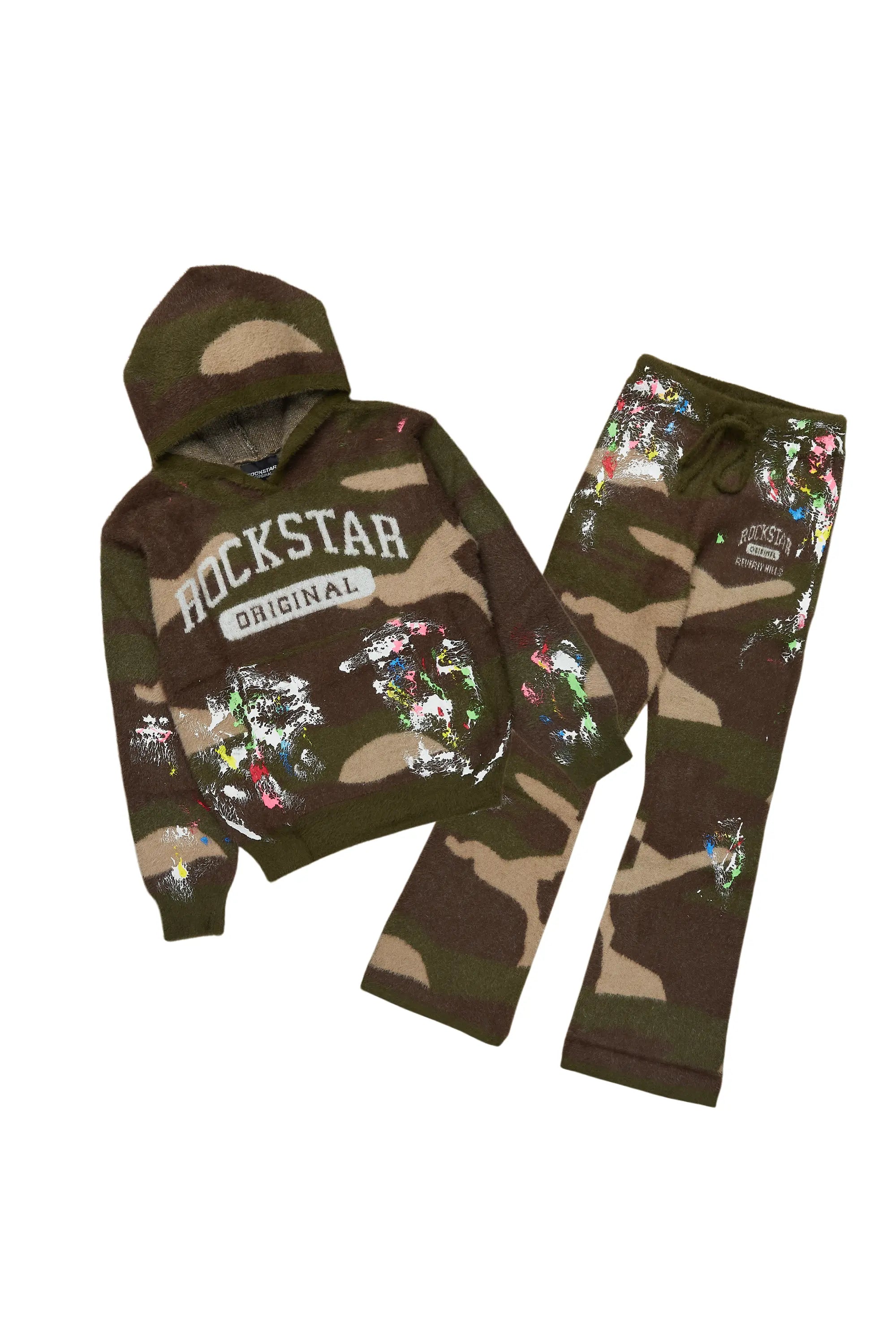 Boys Akio Green Camo Stacked Flare Knitted Mohair Track Set