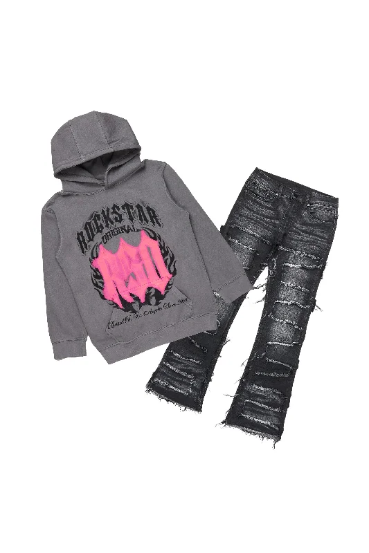 Girls Sandie Black/Vintage Grey Hoodie/Stacked Flare Jean Set