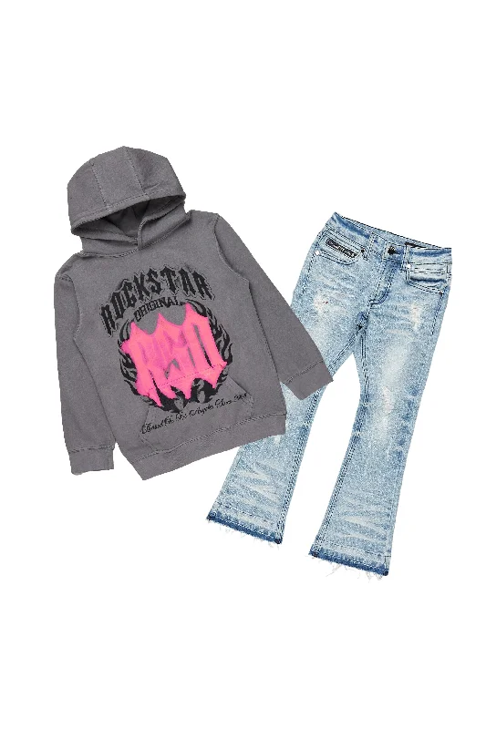 Girls Sandie Vintage Grey Hoodie/Stacked Flare Jean Set