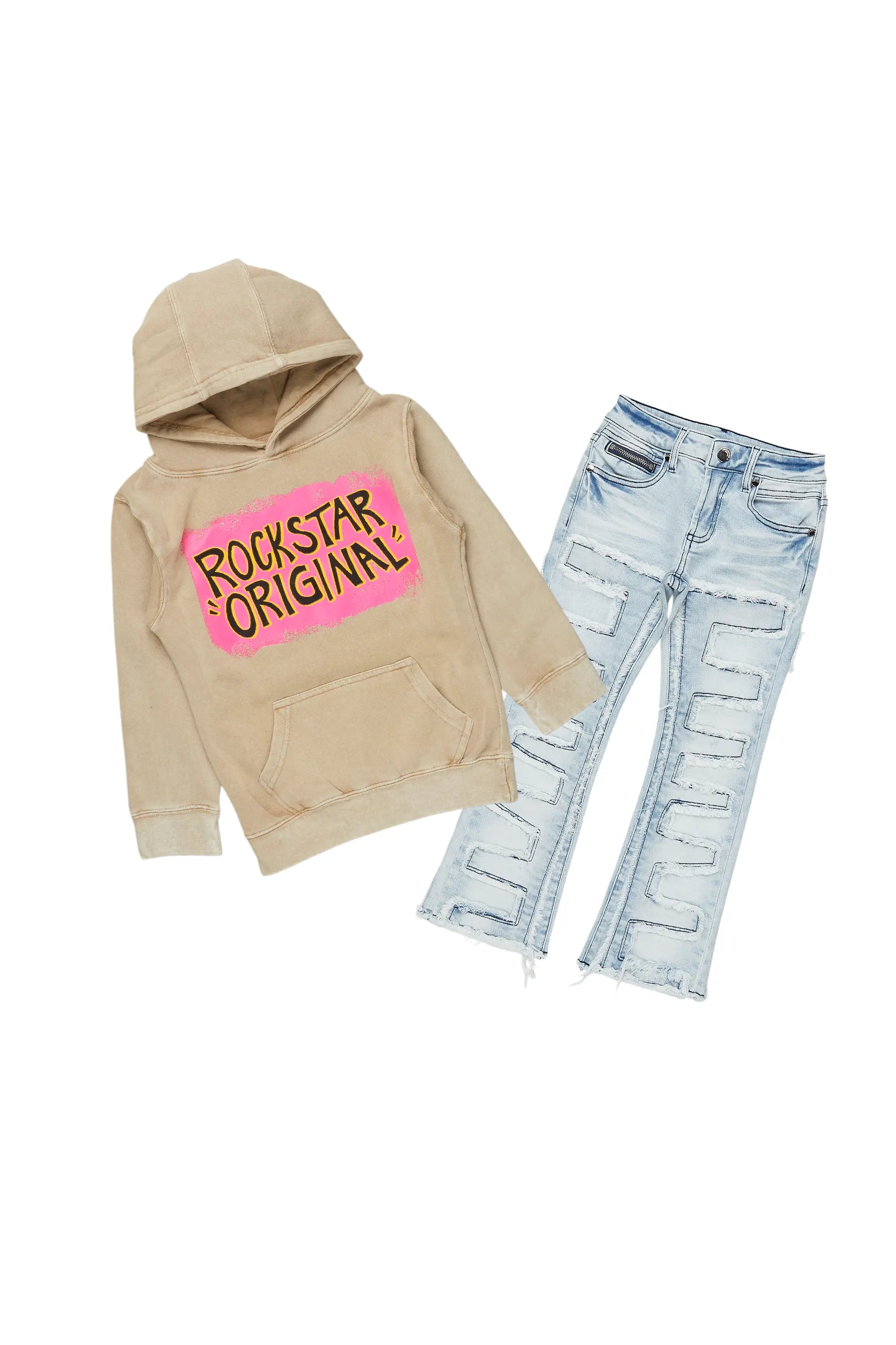 Girls Brielle Blue/Vintage Beige Hoodie/Stacked Flare Jean Set