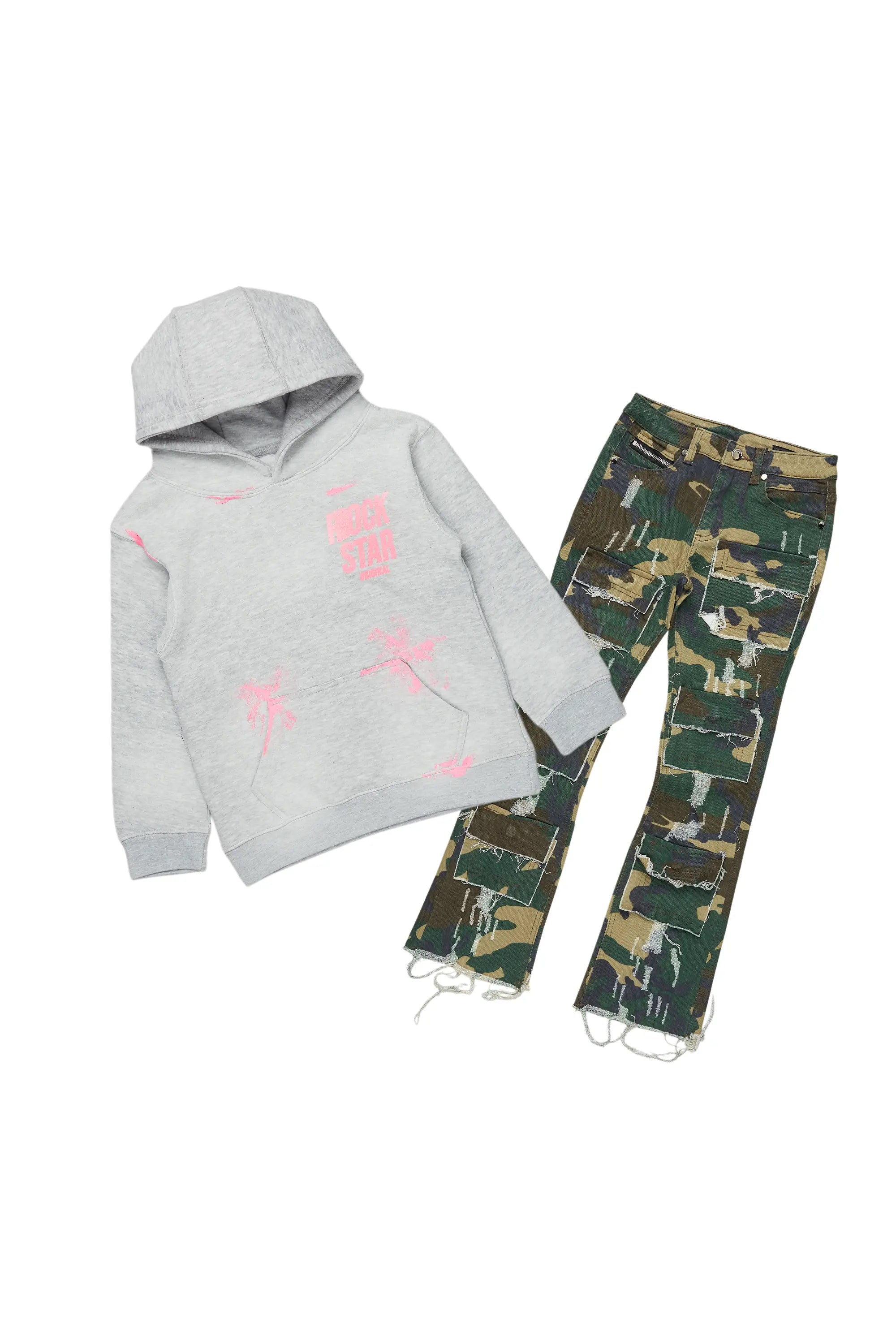 Girls Aimee Green Camo/Grey Hoodie/Stacked Flare Jean Set