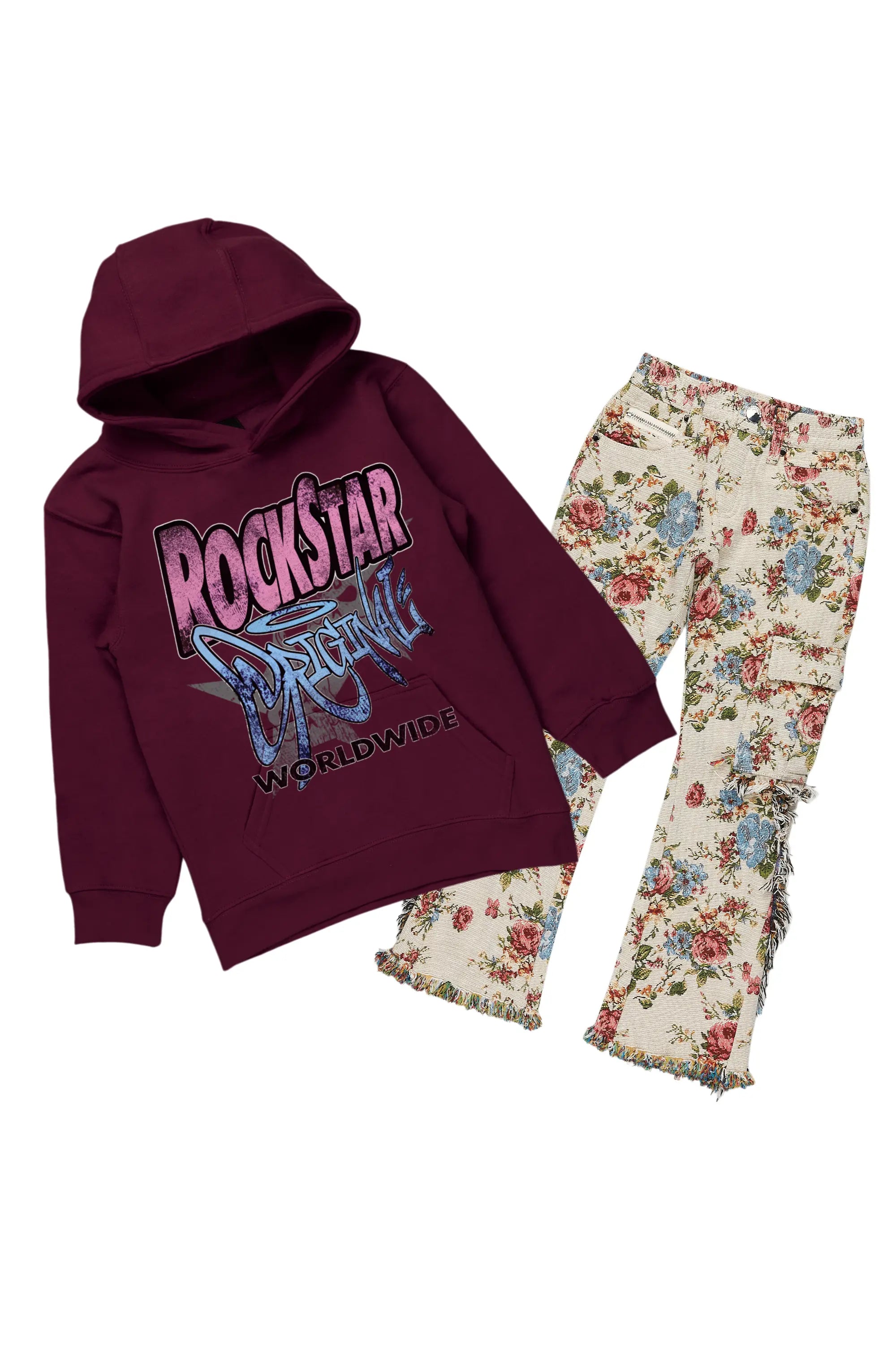 Girls Kaite Maroon Hoodie/Stacked Flare Jean Set