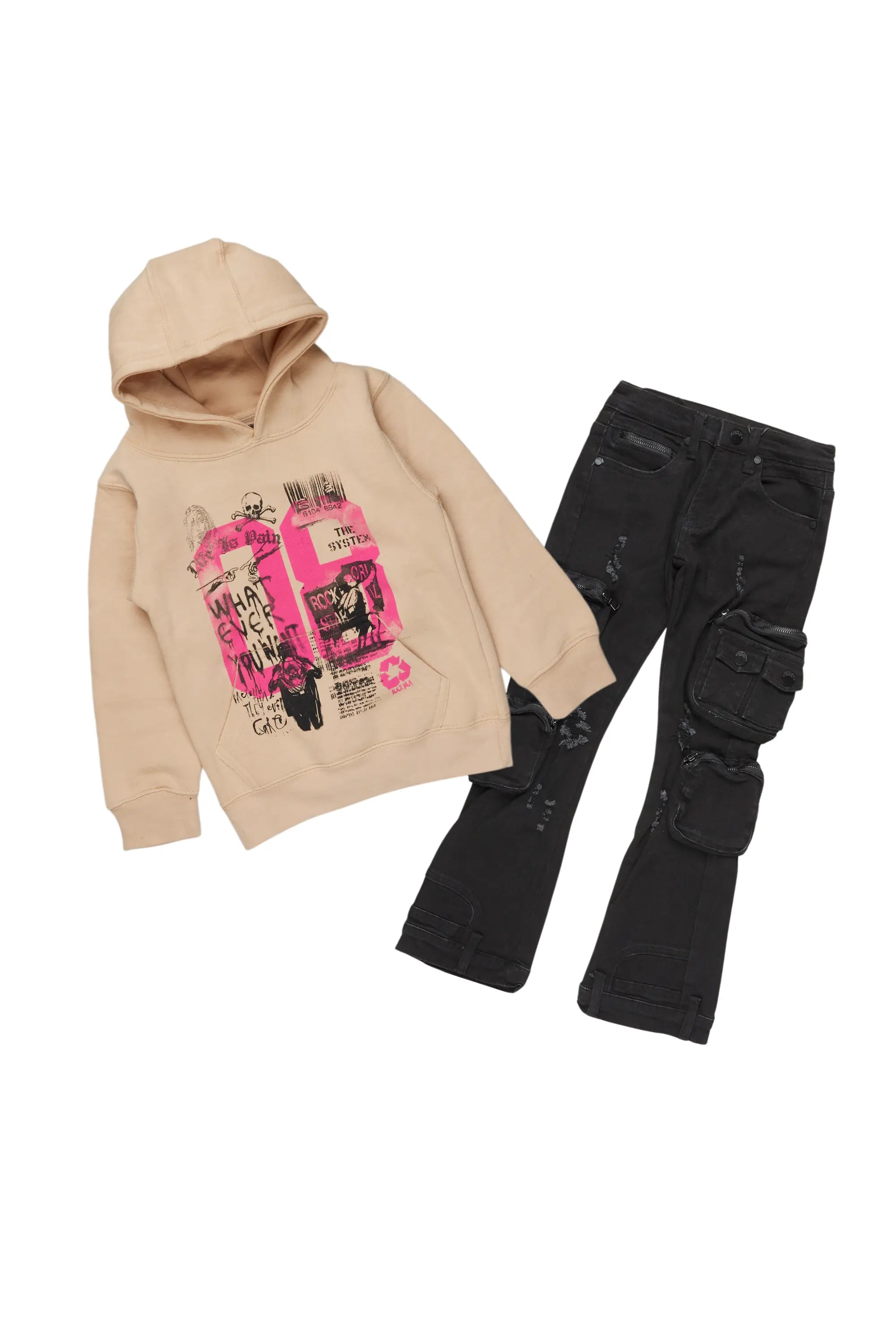 Girls Kammy Beige/Black Hoodie/Stacked Flare Jean Set