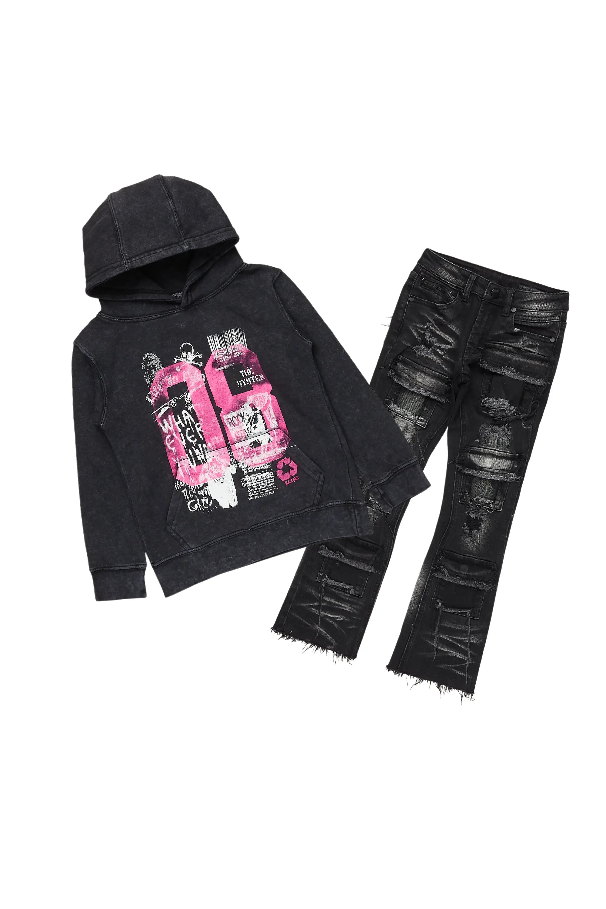 Girls Kammy Vintage Black Hoodie/Stacked Flare Jean Set