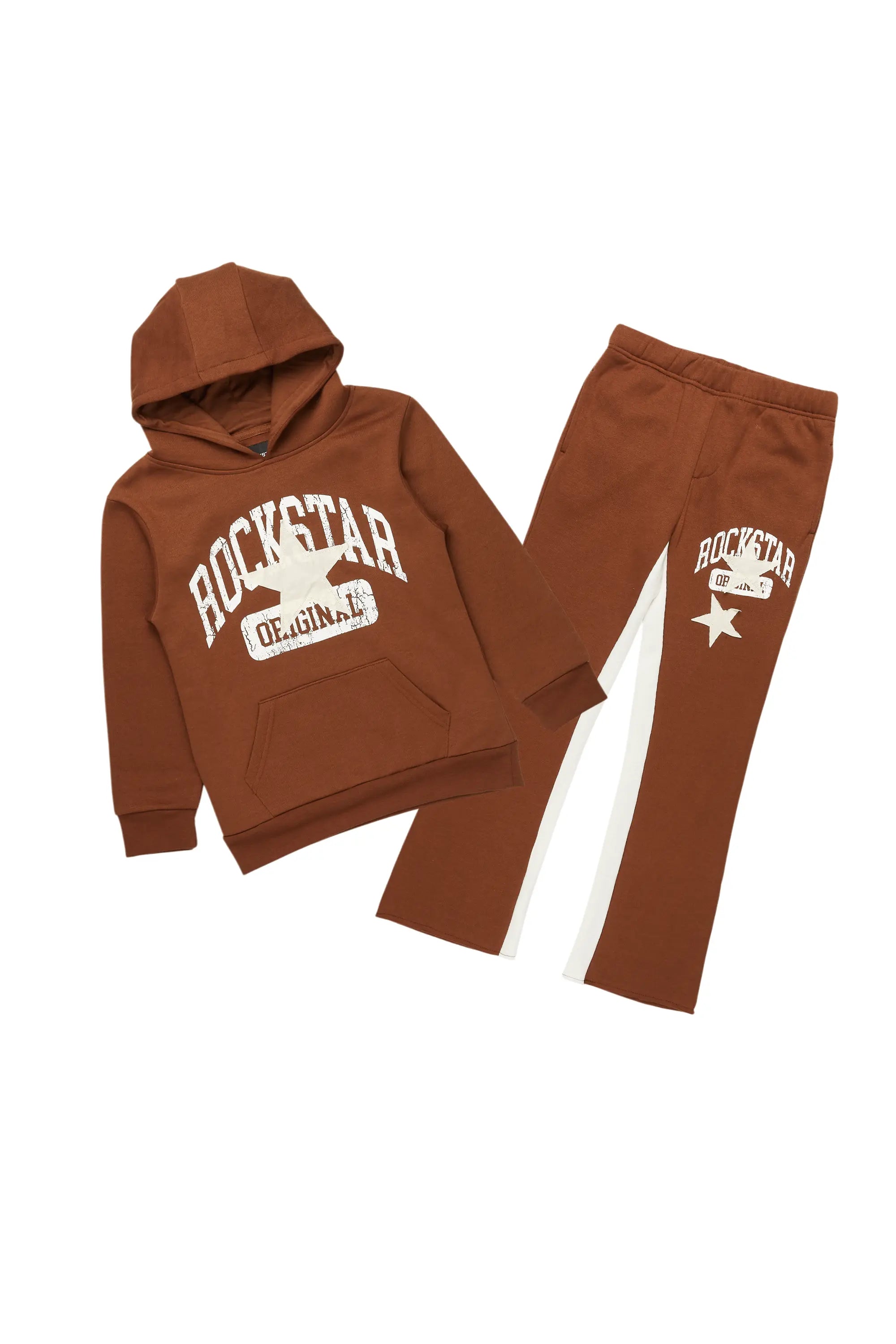 Girls Mallora Brown Baggy Stacked Hoodie Track Set