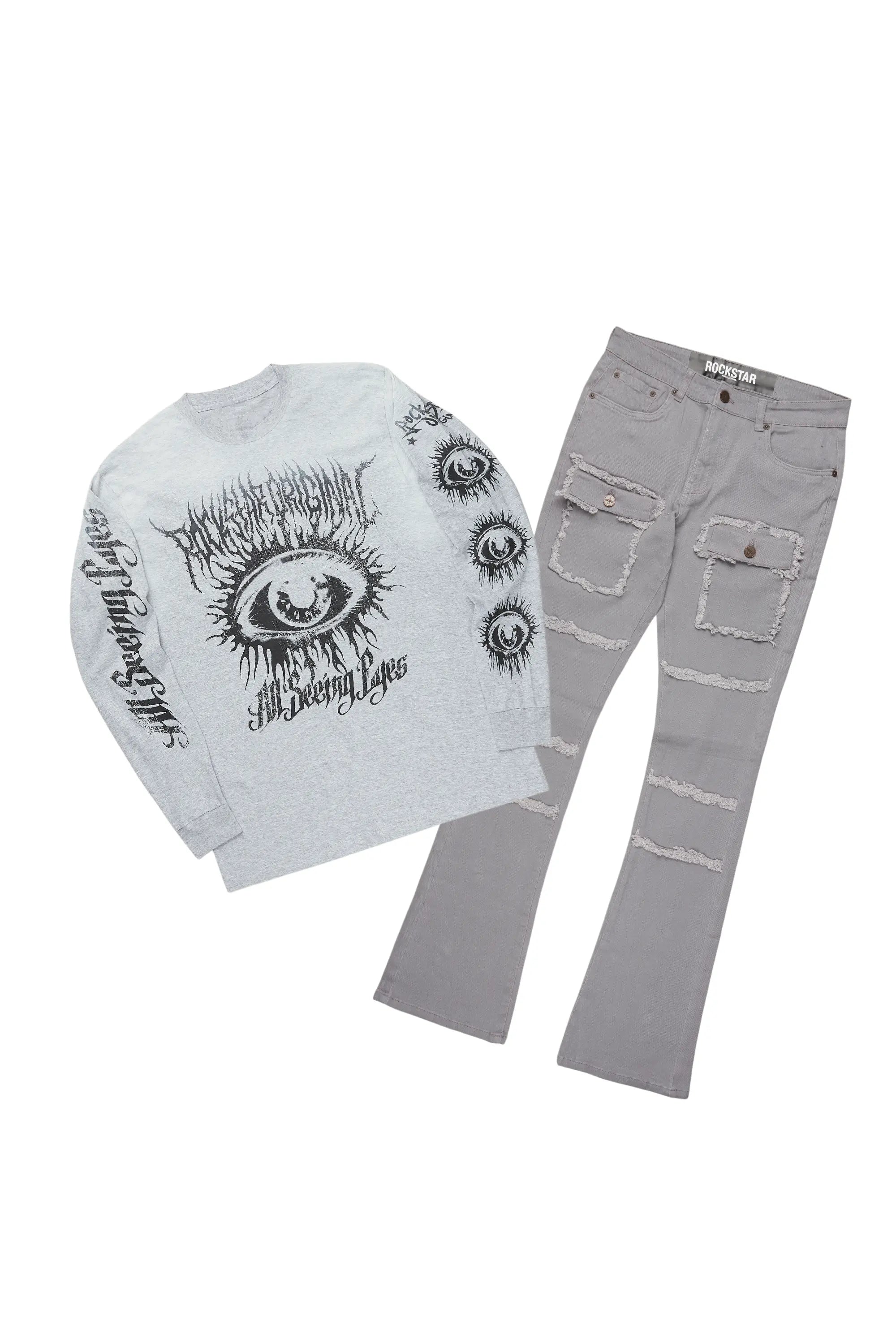 All Seeing Eyes Grey Long Sleeve T-Shirt/Stacked Flare Cargo Jean Bundle