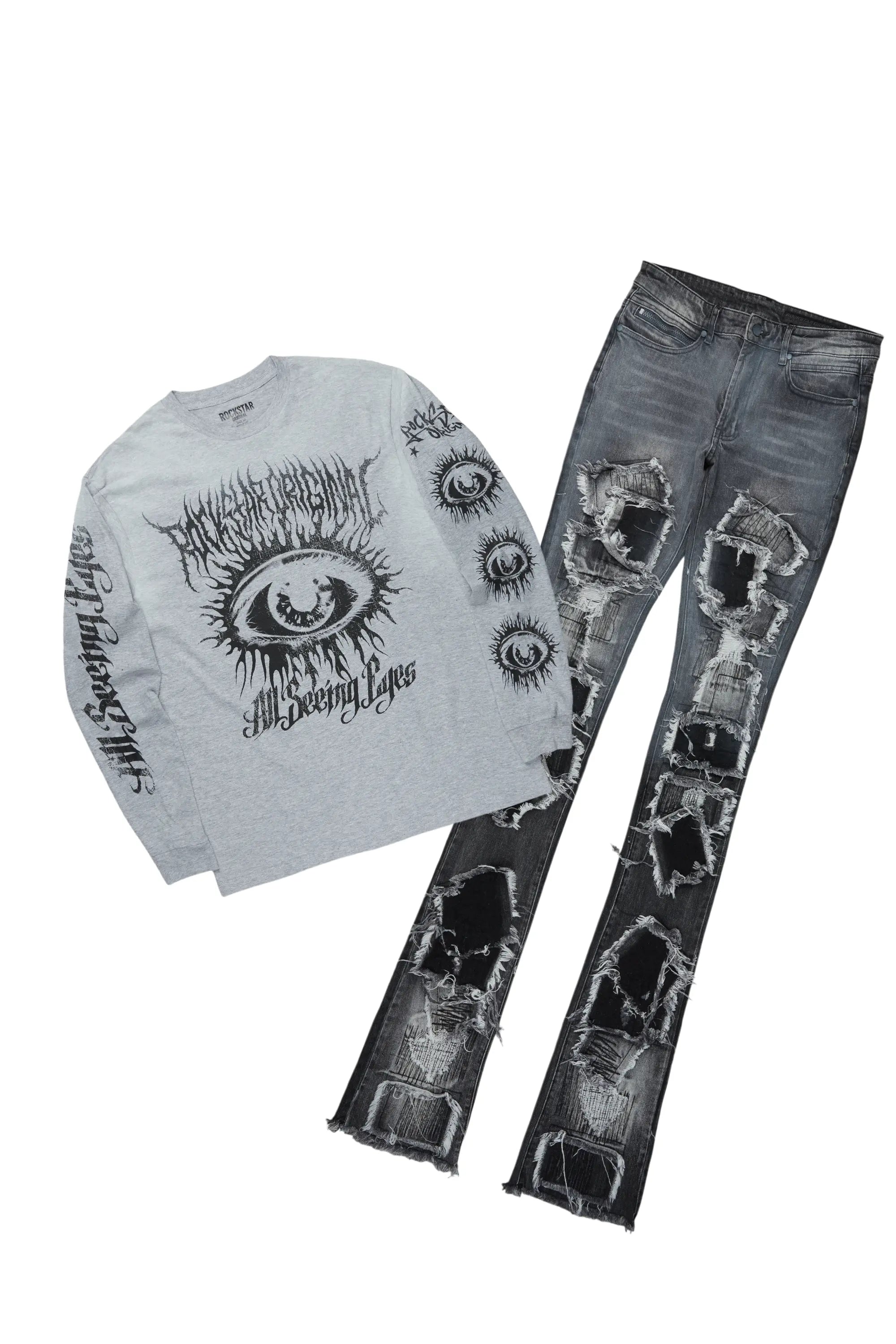 All Seeing Eyes Grey Long Sleeve T-Shirt & Camden Super Stacked Flare Jean Bundle