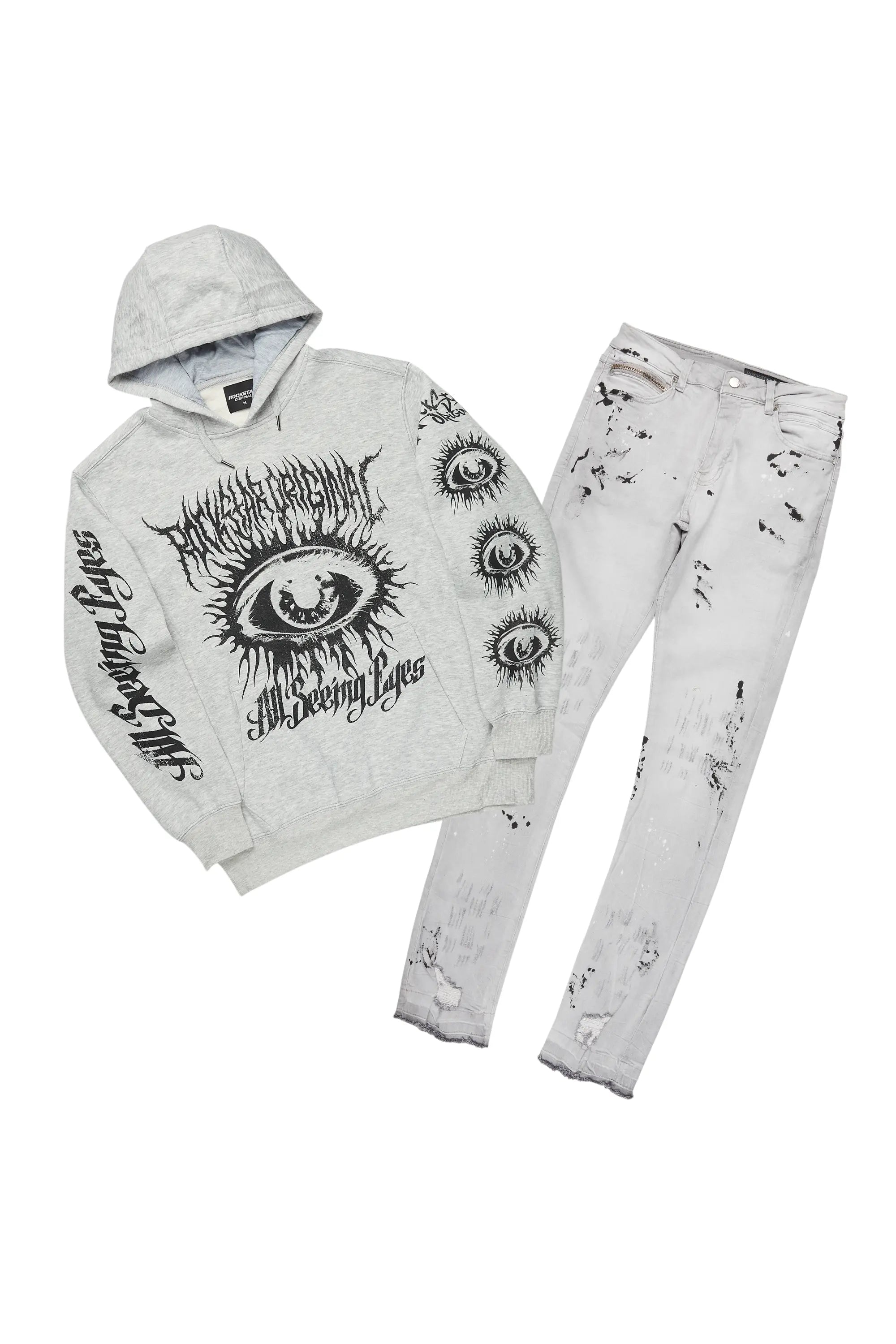 All Seeing Eyes Grey Hoodie/Stacked Flare Jean Set