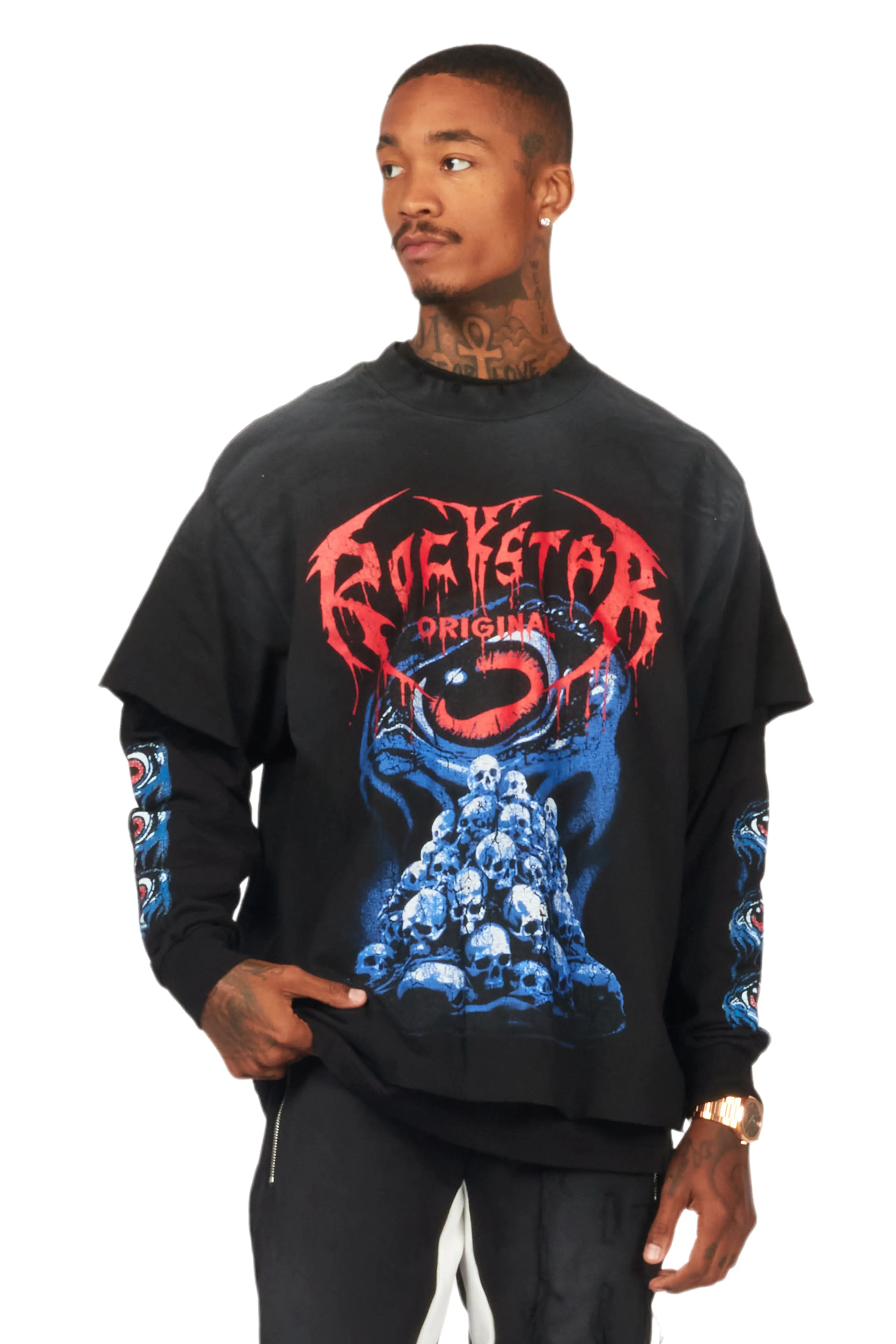 Vicious Black Double Layer Long Sleeve Graphic T-Shirt