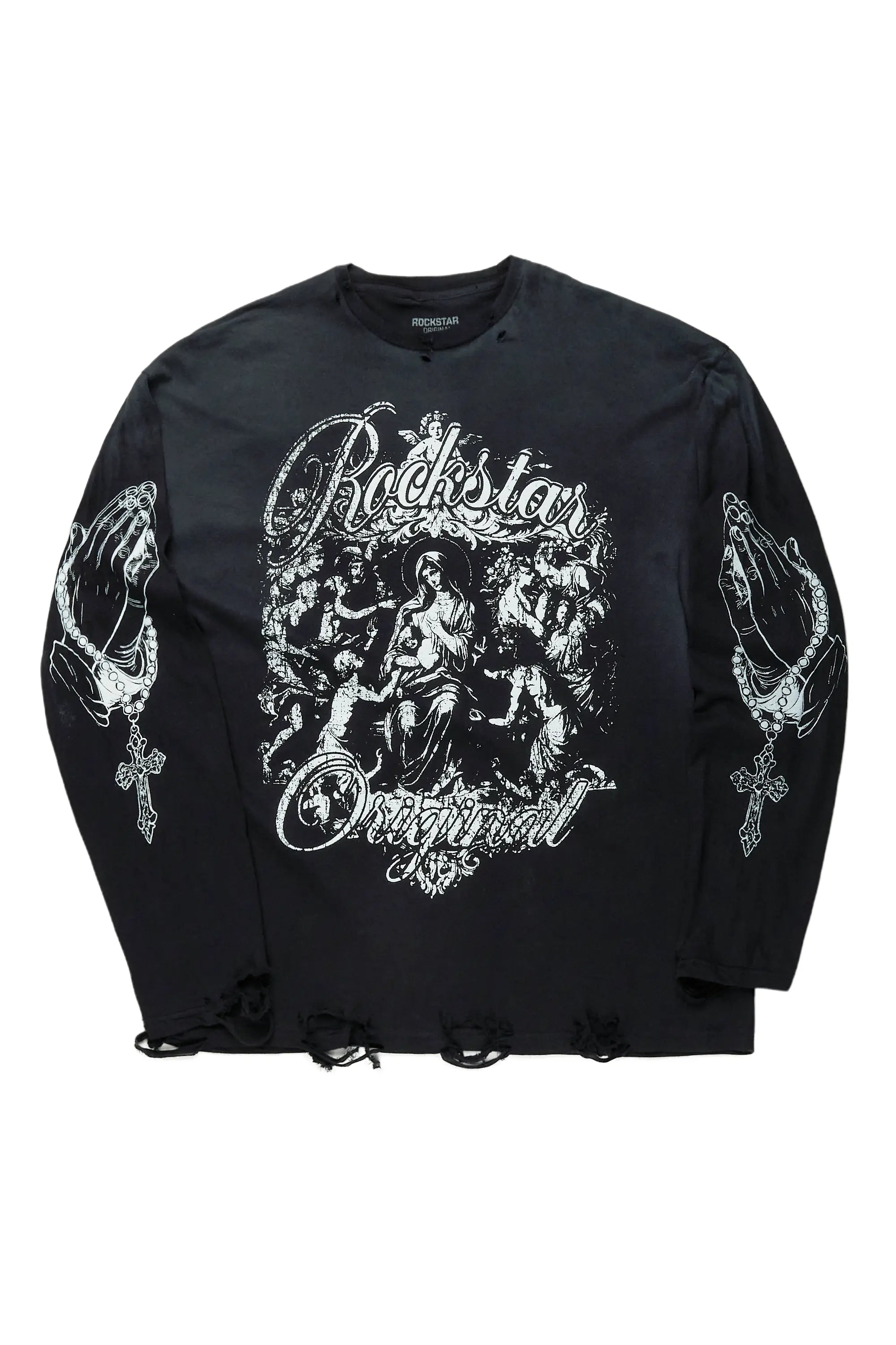 Vamp Black Long Sleeve Distressed Graphic T-Shirt