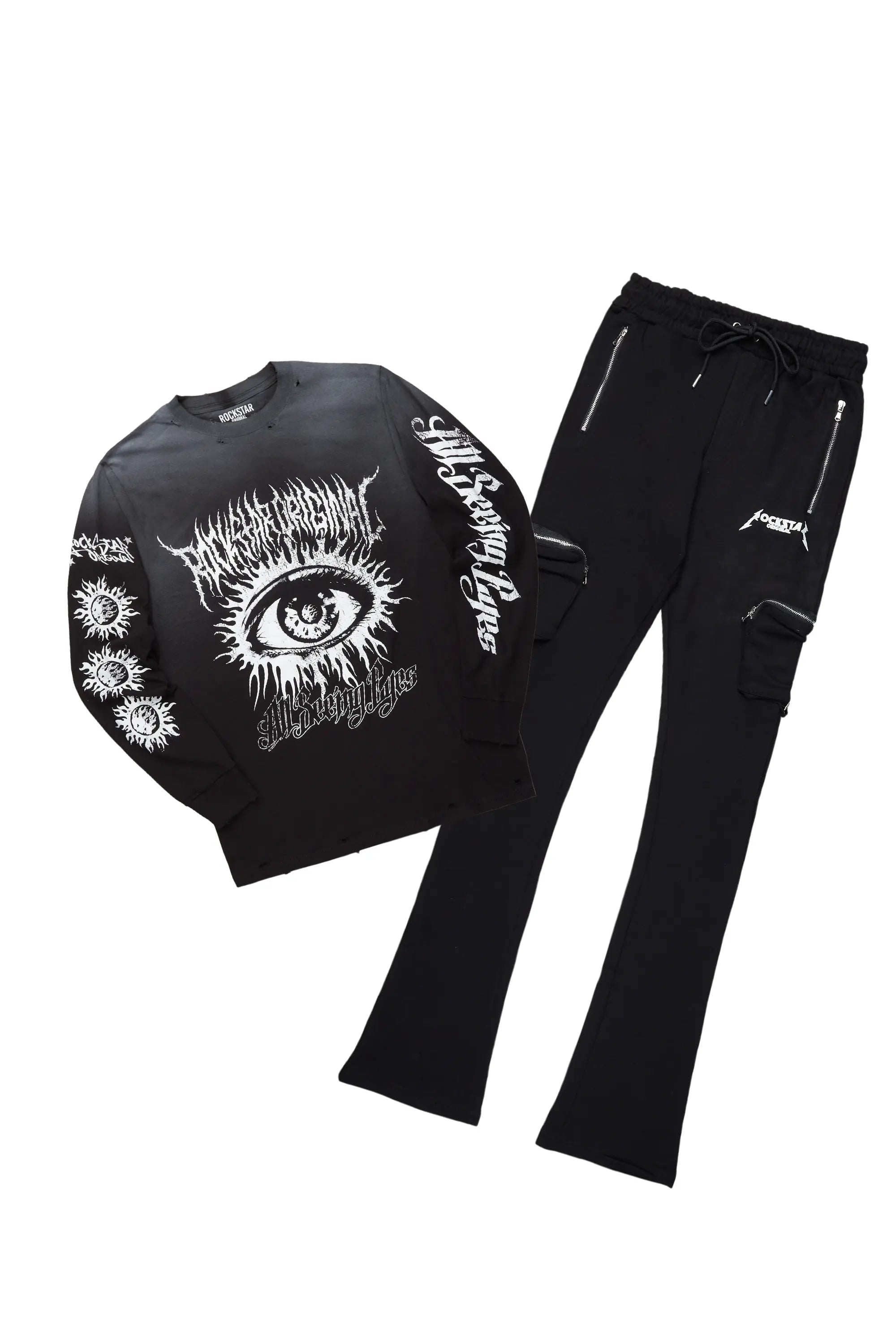 All Seeing Eyes Black Long Sleeve T-Shirt & Colin Black Stacked Flare Track Set