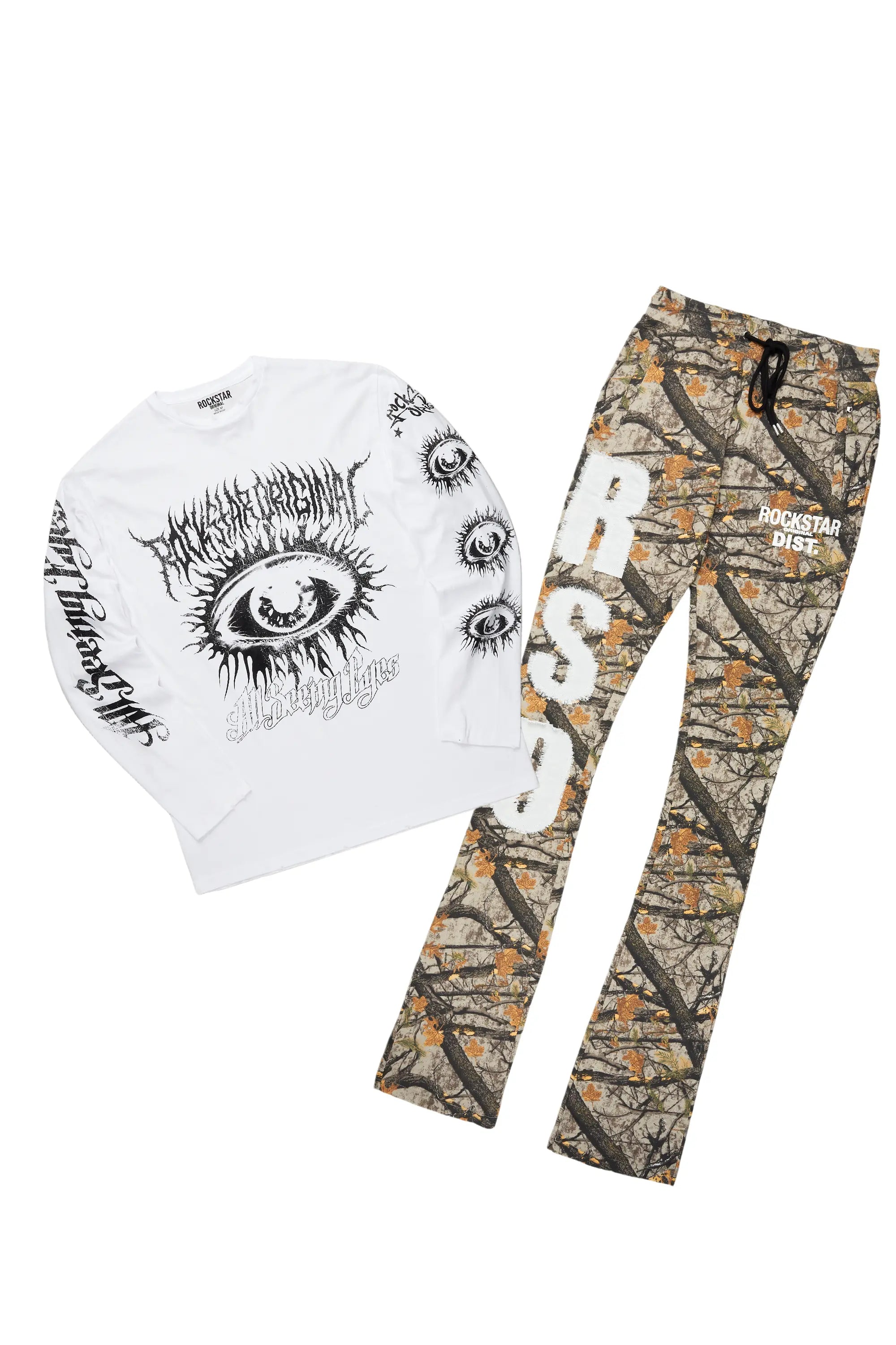 All Seeing Eyes White Long Sleeve T-Shirt & Bansi Tree Camo Super Stacked Track Set