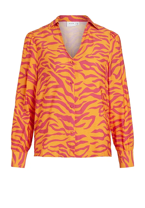 Vila Alinia V Neck Long Sleeve Zebra Pattern Shirt, Cadmium Yellow