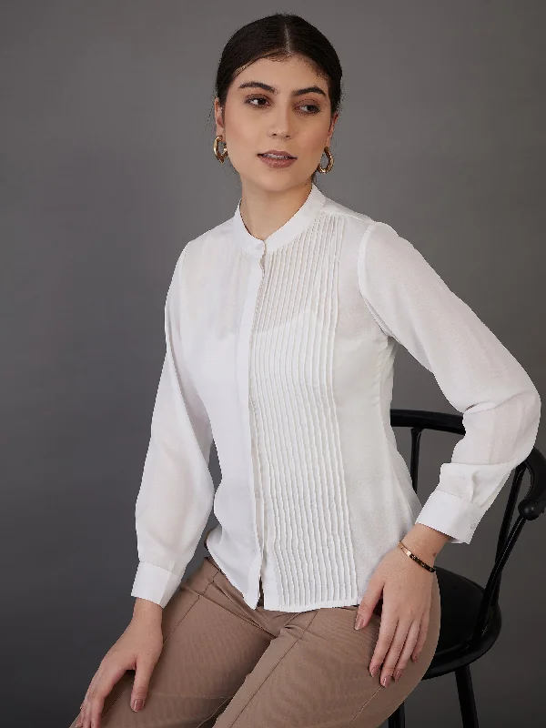 Women White Front Pin Tuck Shirt Style Top