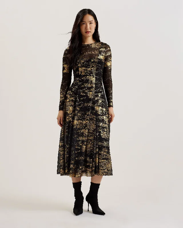 Junhaa Foil Printed Long Sleeve Midi Dress Black