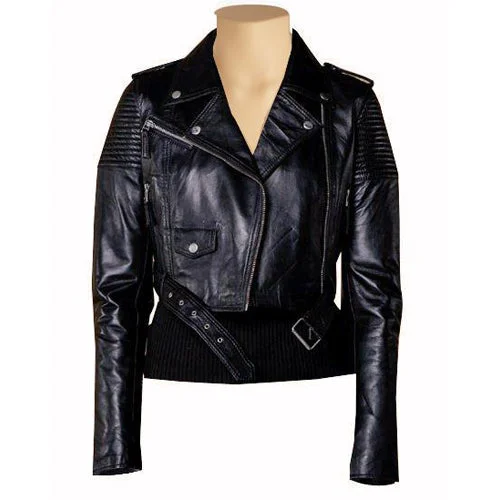 Martyna’s Black Crop Biker Leather Jacket With Waist Belt