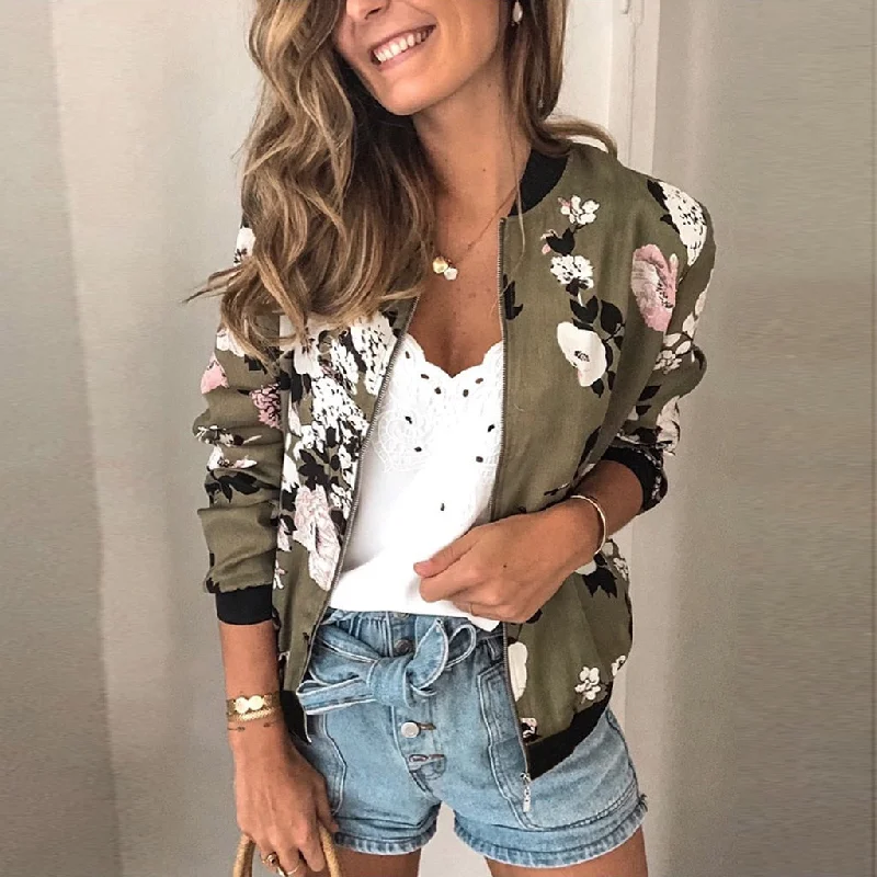 Print Bomber Jacket Women Flower Zipper Up Retro Coat Spring Long Sleeve Basic Plus Size Short Biker Jackets female jacket mujer