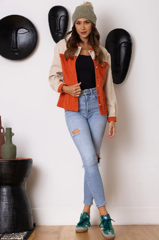 ORANGE/BEIGE COLOR BLOCK CORDUROY LONG SLEEVES JACKET-B51570W