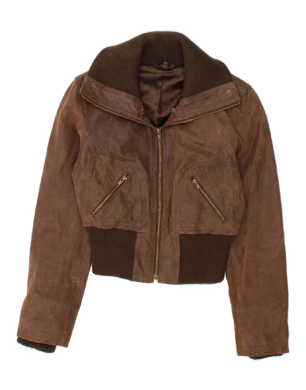 BAY Womens Crop Suede Jacket UK 12 Medium Brown Leather