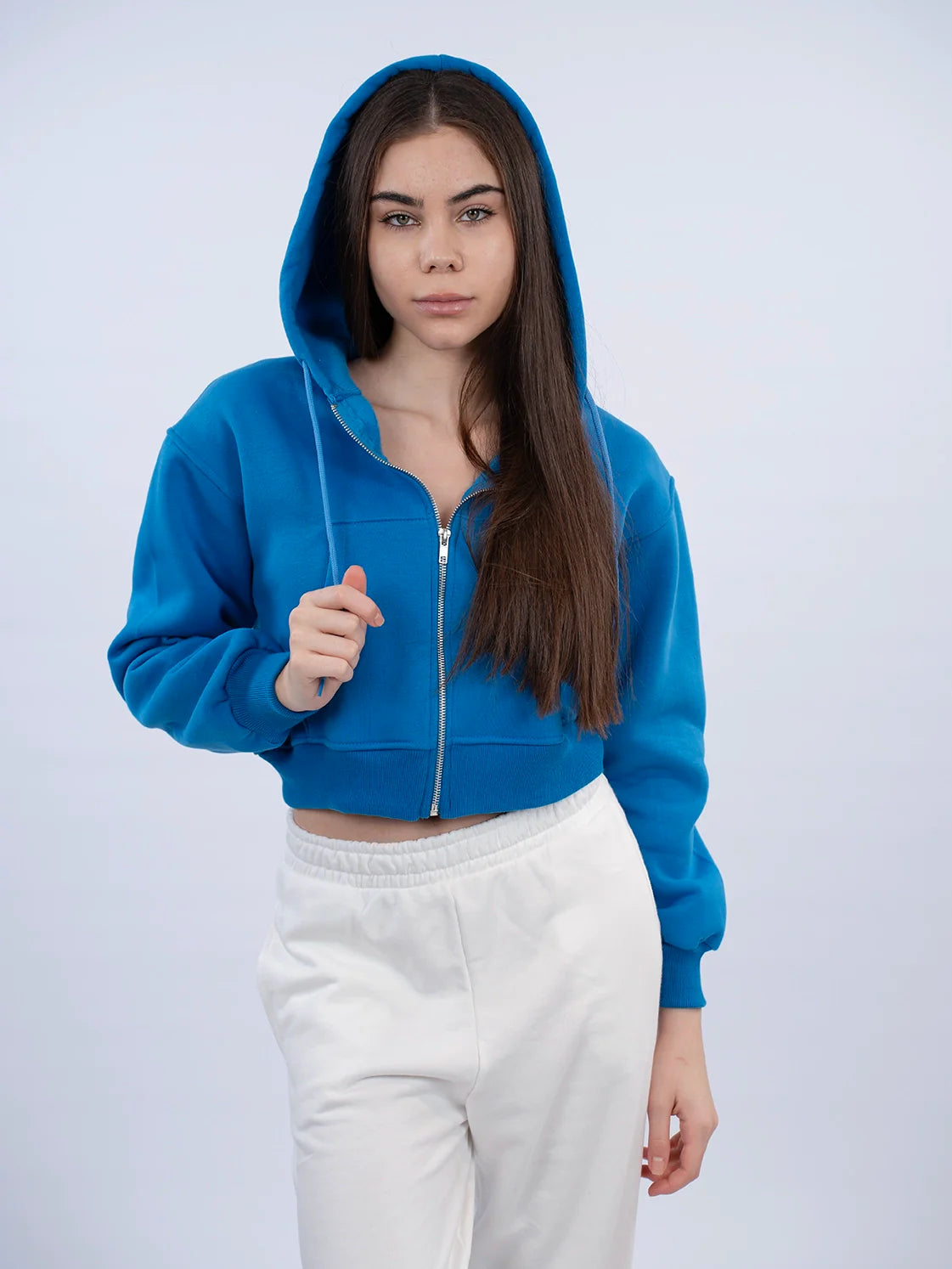 Zippered Blue Crop Hooded Jacket