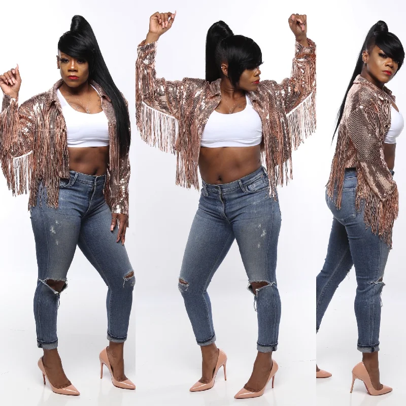 BEDAZZLED IN FRINGES & SEQUINS CROP TOP JACKET-ROSE GOLD