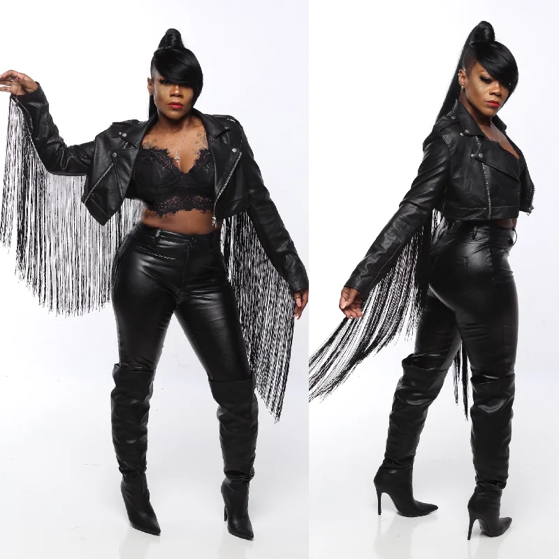 BLACK PANTHER FAUX LEATHER FRINGED CROP JACKET