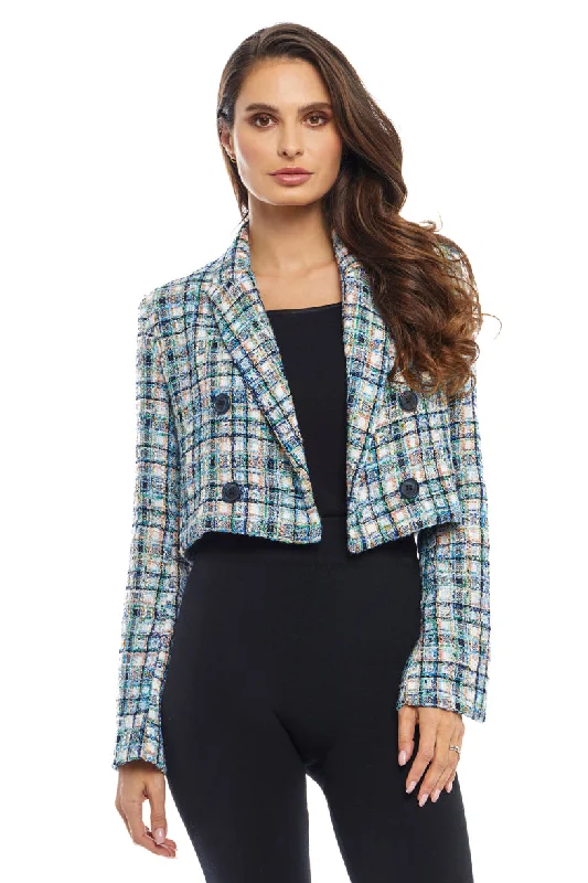 Adore Blue Multi Tweed Crop Double Breasted Jacket